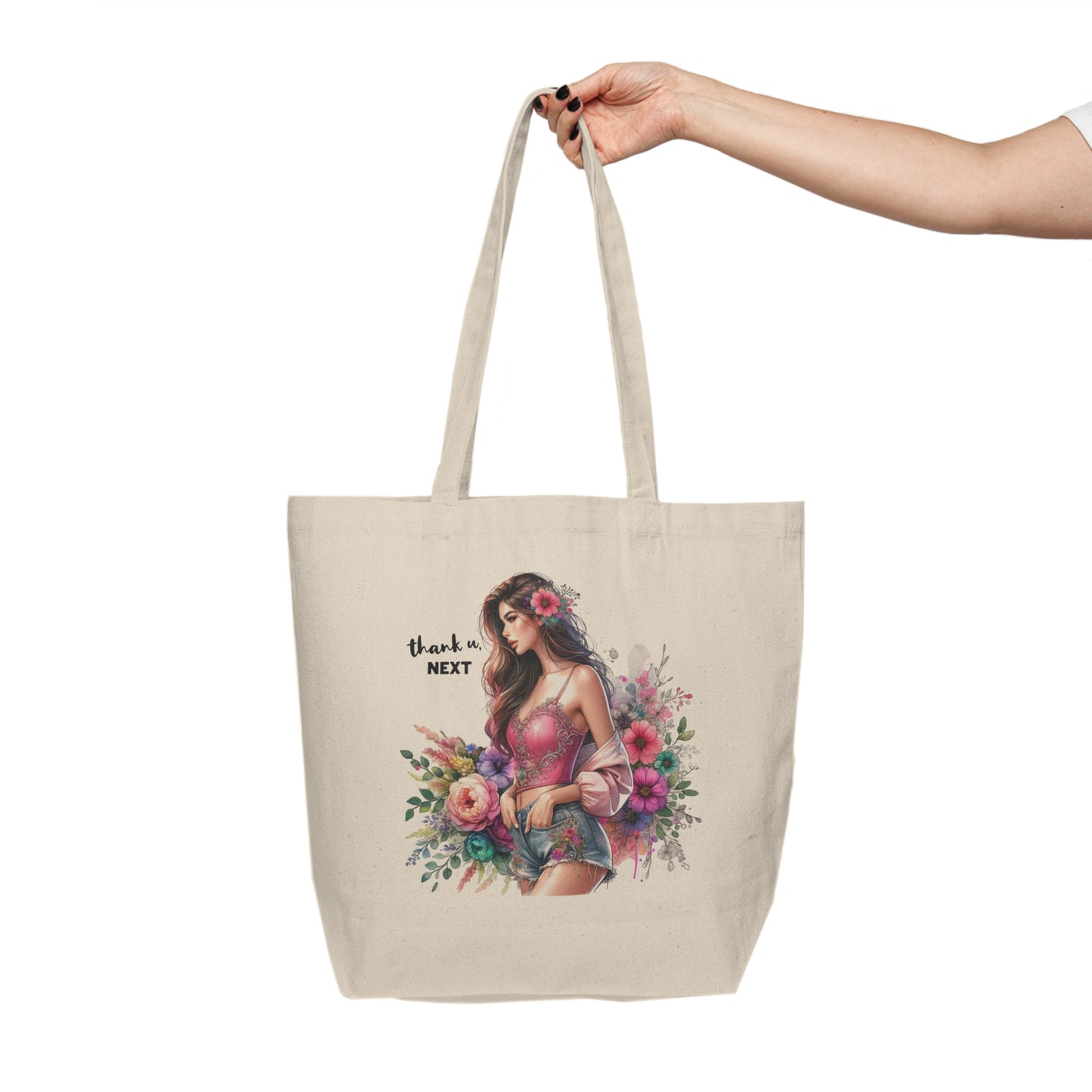 Thank U, Next Floral Canvas Tote Bag - Chic Shopping Bag, Earth-Friendly Tote, Gift for Her, Market Bag, Summer Accessory, Thanks Next Design