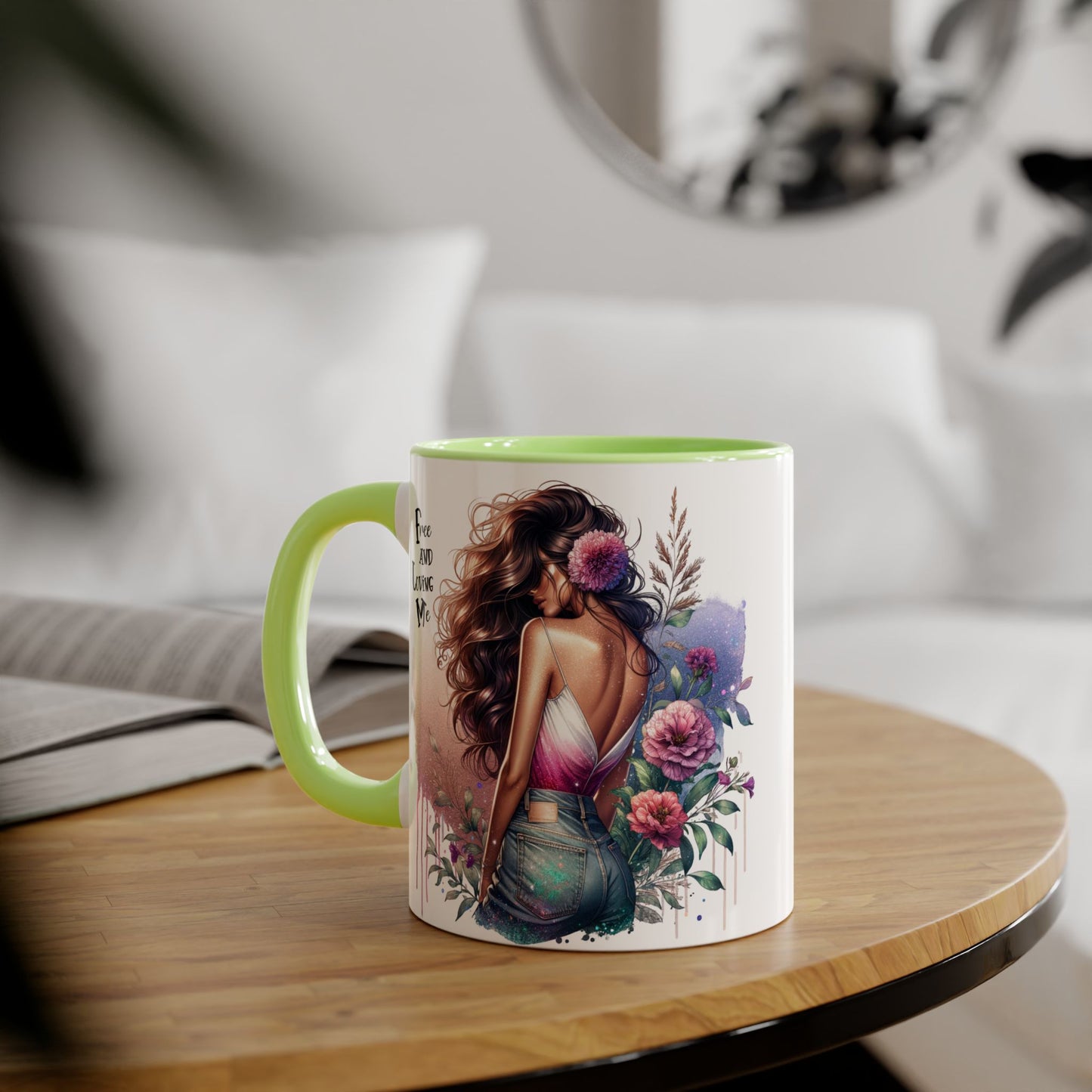 Free and Loving Me Boho Floral Accent Mug, 11oz Coffee Cup, Inspirational Mug for Women, Gift for Friends, Cozy Home Decor, Self-Love Reminder
