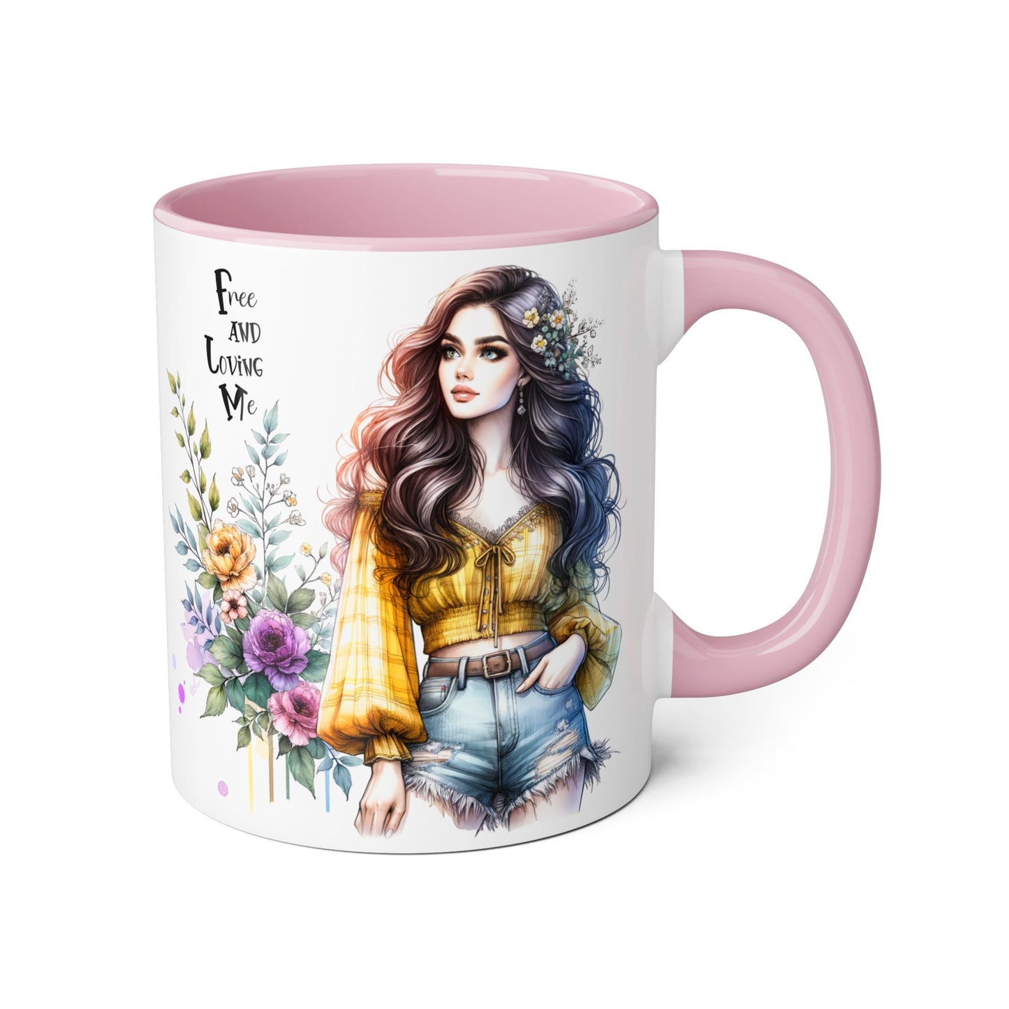 Bohemian Floral Accent Mug, Free and Loving Me Coffee Cup, Gift for Her, Unique Art Mug, Morning Beverage Lover's Gift