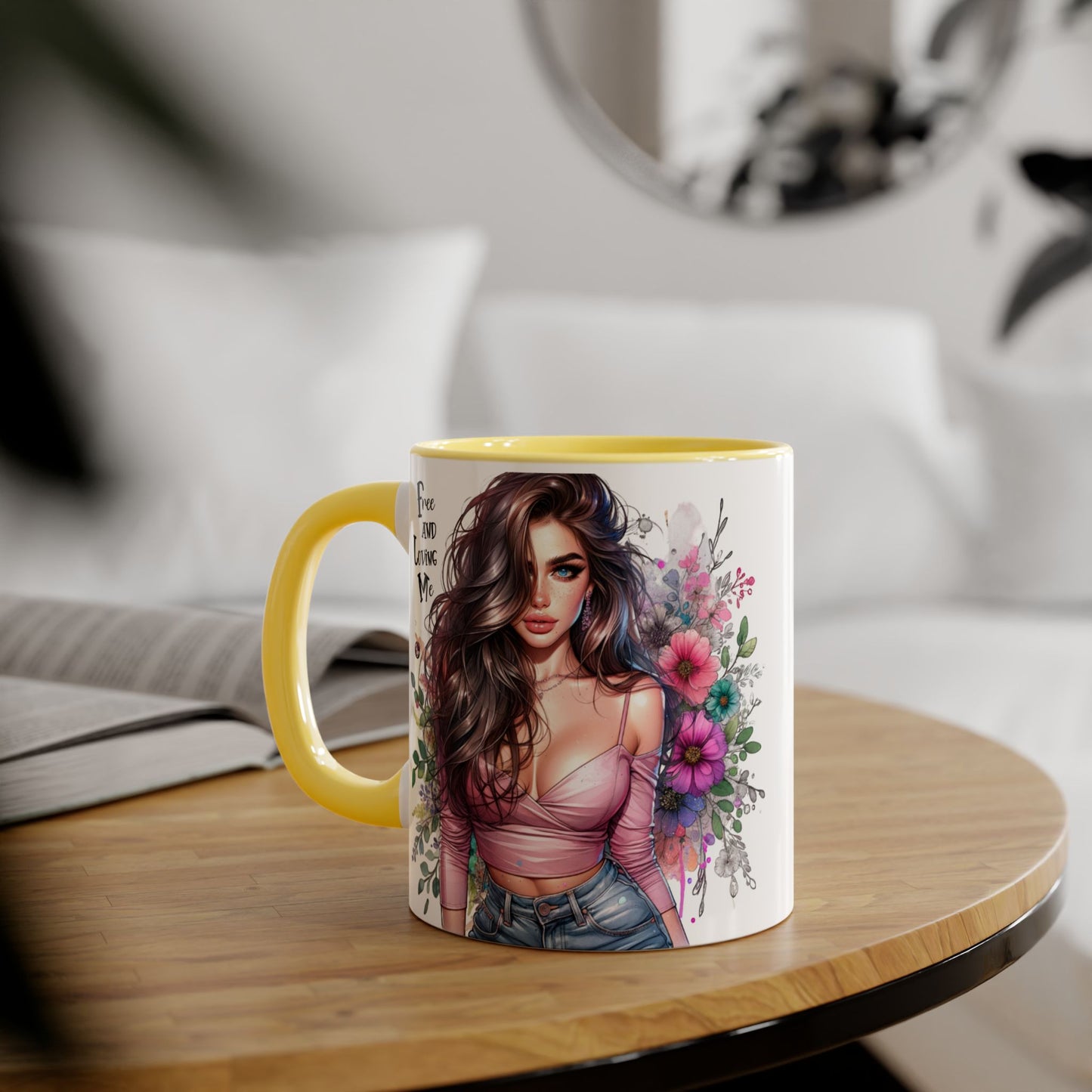 Free and Loving Me Chic Art Mug, Emotional Inspiration, Gift For Friends, Coffee Lover, Floral Design, Daily Motivation