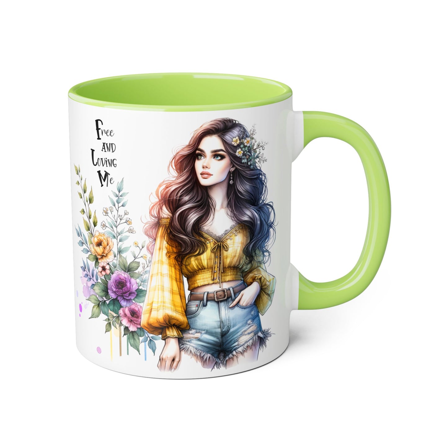 Bohemian Floral Accent Mug, Free and Loving Me Coffee Cup, Gift for Her, Unique Art Mug, Morning Beverage Lover's Gift
