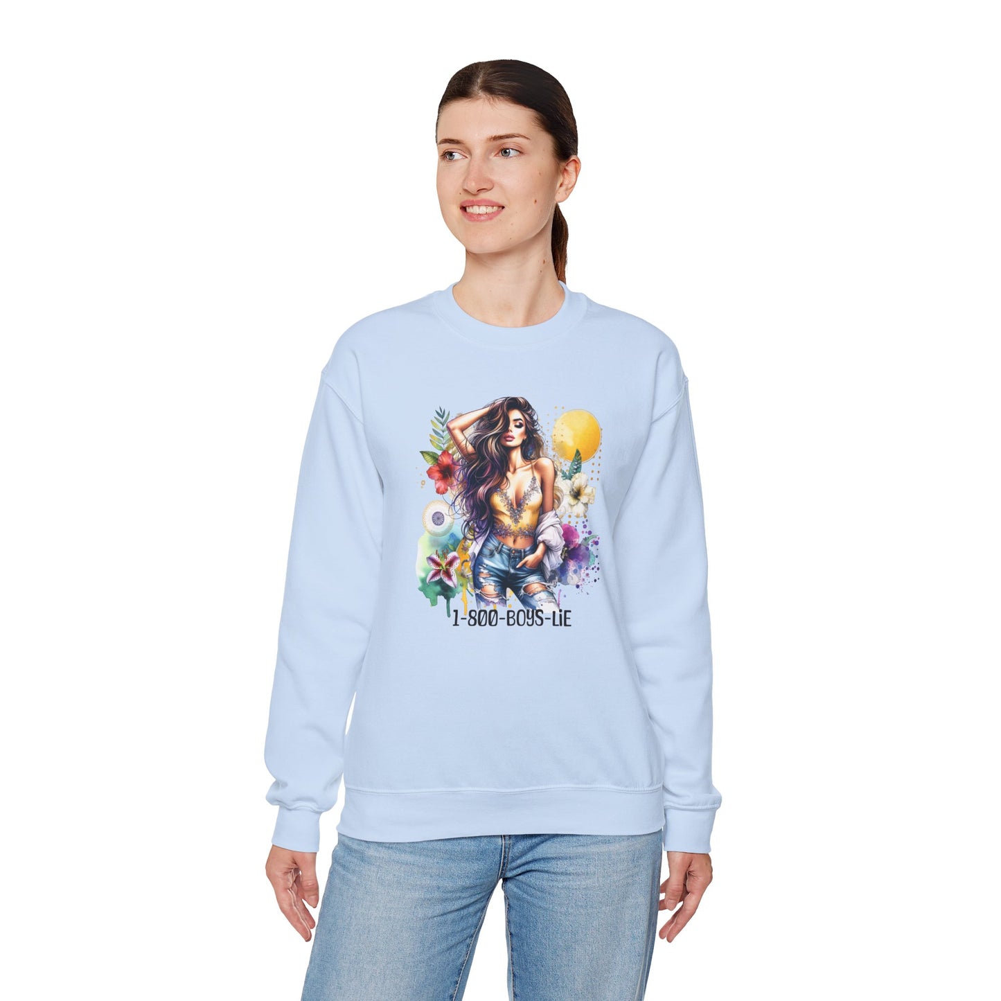 1-800-Boys-Lie Boho Chic Crewneck Sweatshirt with Floral Design, Unisex Gift, Self-Love Apparel, Cozy Casual Wear, Perfect for Relaxation