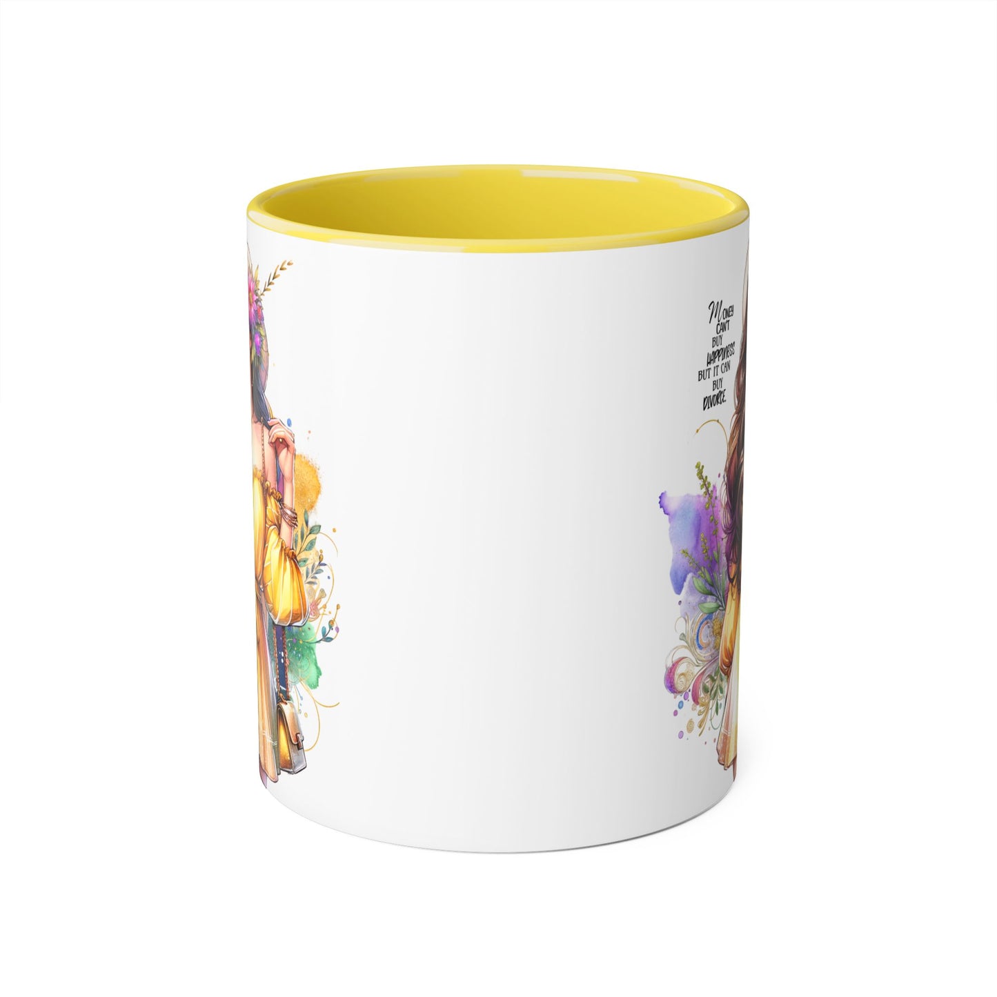 Money Can't Buy Happiness But It Can Buy Divorce Humoristic Bohemian Accent Mug, Motivational Artwork, Gift for Friends, Inspirational Coffee Cup, Floral Design, Home Decor