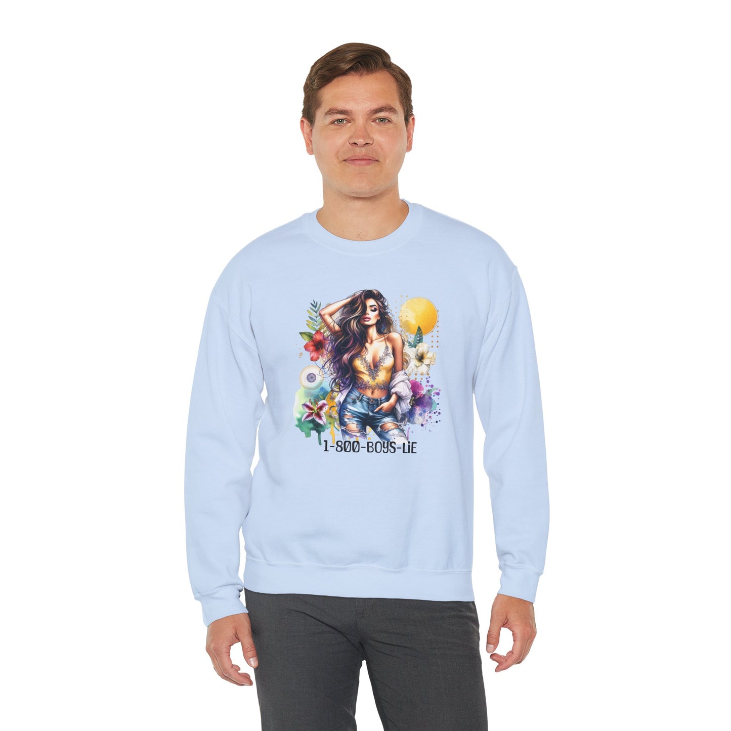 1-800-Boys-Lie Boho Chic Crewneck Sweatshirt with Floral Design, Unisex Gift, Self-Love Apparel, Cozy Casual Wear, Perfect for Relaxation