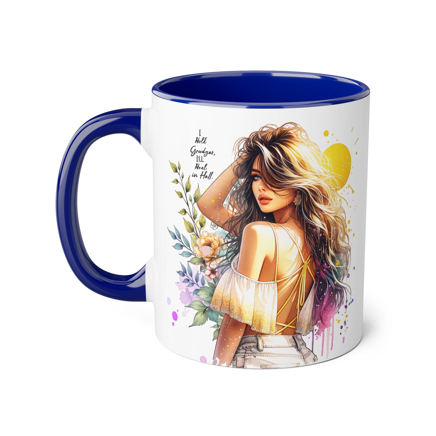 I Hold Grudges, I'll Heal in Hell Humoristic Artistic Accent Mugs, Floral Sunset Mug, Inspirational Coffee Cup, Unique Gift for Her, Bohemian Style Drinkware