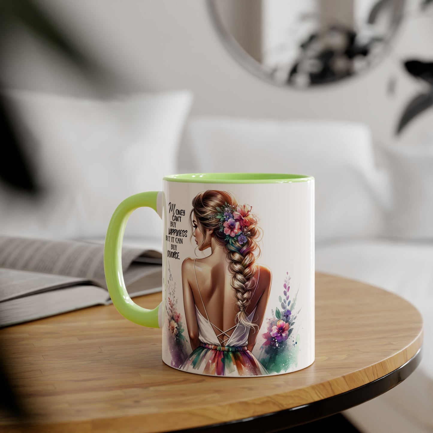 Money Can't Buy Happiness But It Can Buy Divorce Humoristic Inspirational Floral Accent Mug, 11oz Coffee Cup for Moms, Uplifting Gift for Mother's Day, Motivational Drinkware, Unique Art Mug
