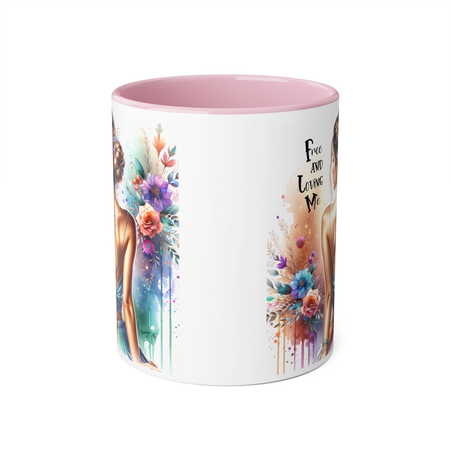Artistic Floral Accent Mug, Free and Loving Me Ceramic Coffee Cup, Inspirational Gift, Unique Drinkware, Bohemian Style Mug