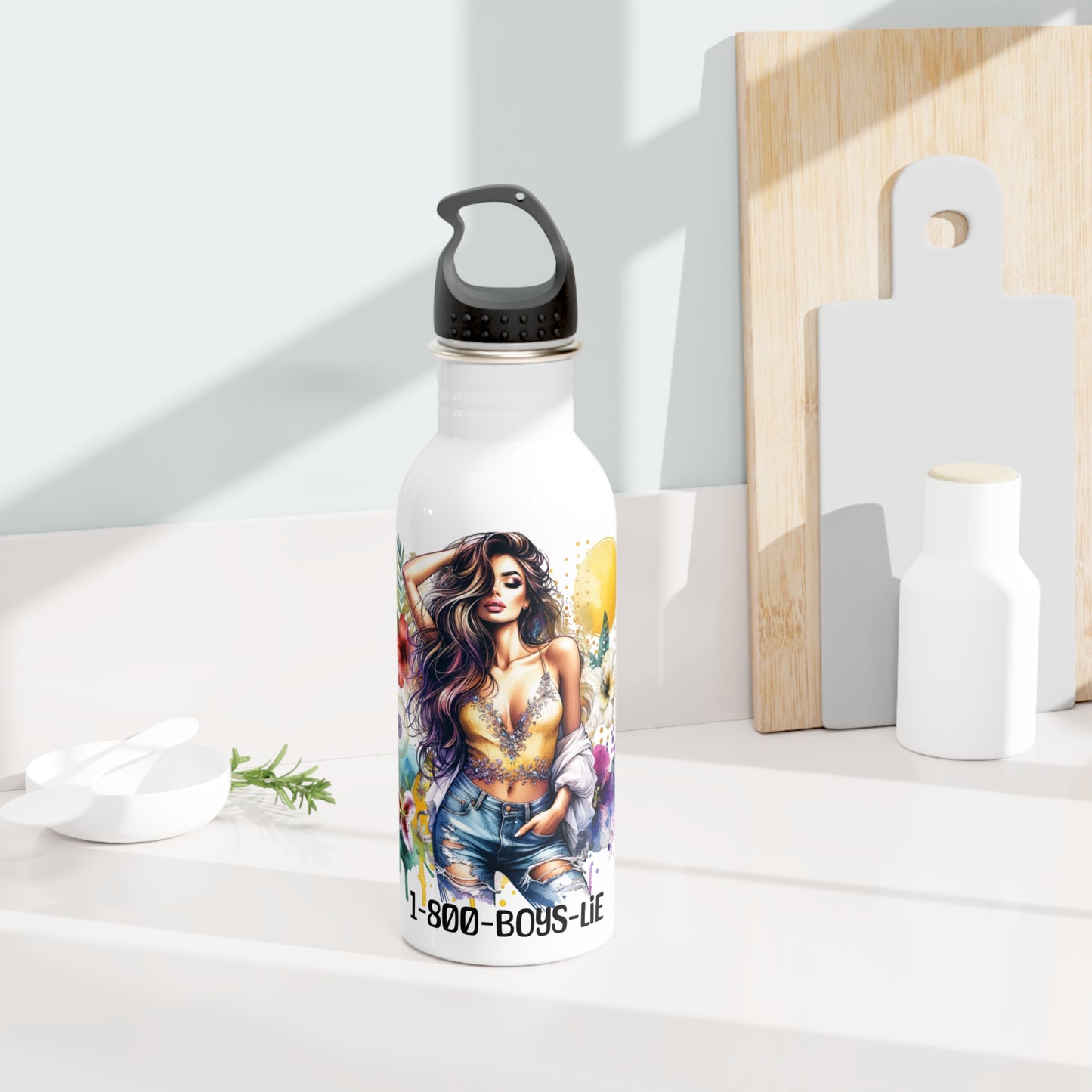 1-800-Boys-Lie Trendy Stainless Steel Water Bottle with Floral Design, Fitness Water Bottle, Cute Drink Flask, Gift for Her, Eco-Friendly Hydration