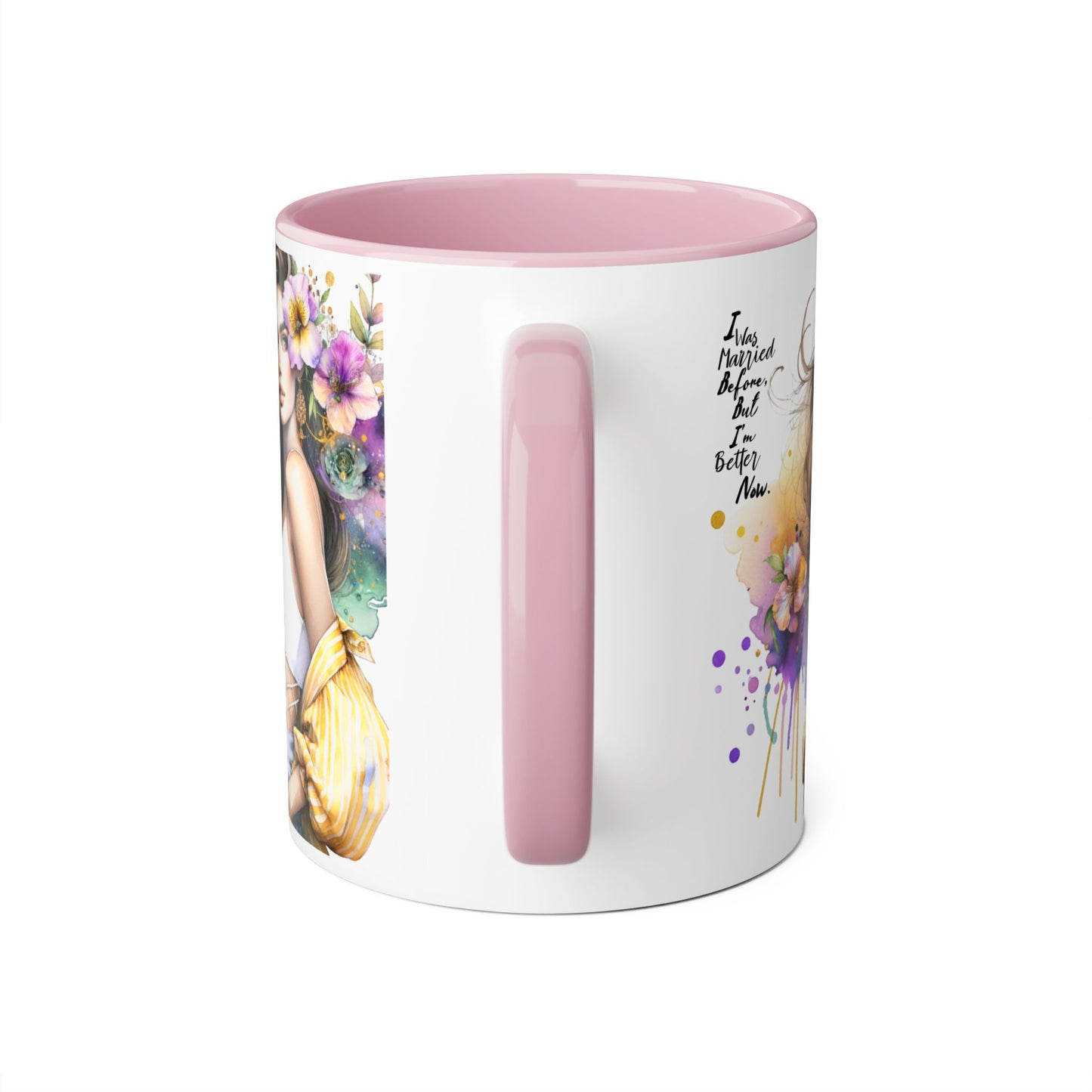 I Was Married Before But I'm Better Now Humoristic Artistic Accent Mug, Coffee Cup for Inspiration, Floral Design, Gift for Friends, Birthday, Home Decor, Motivational Drinkware