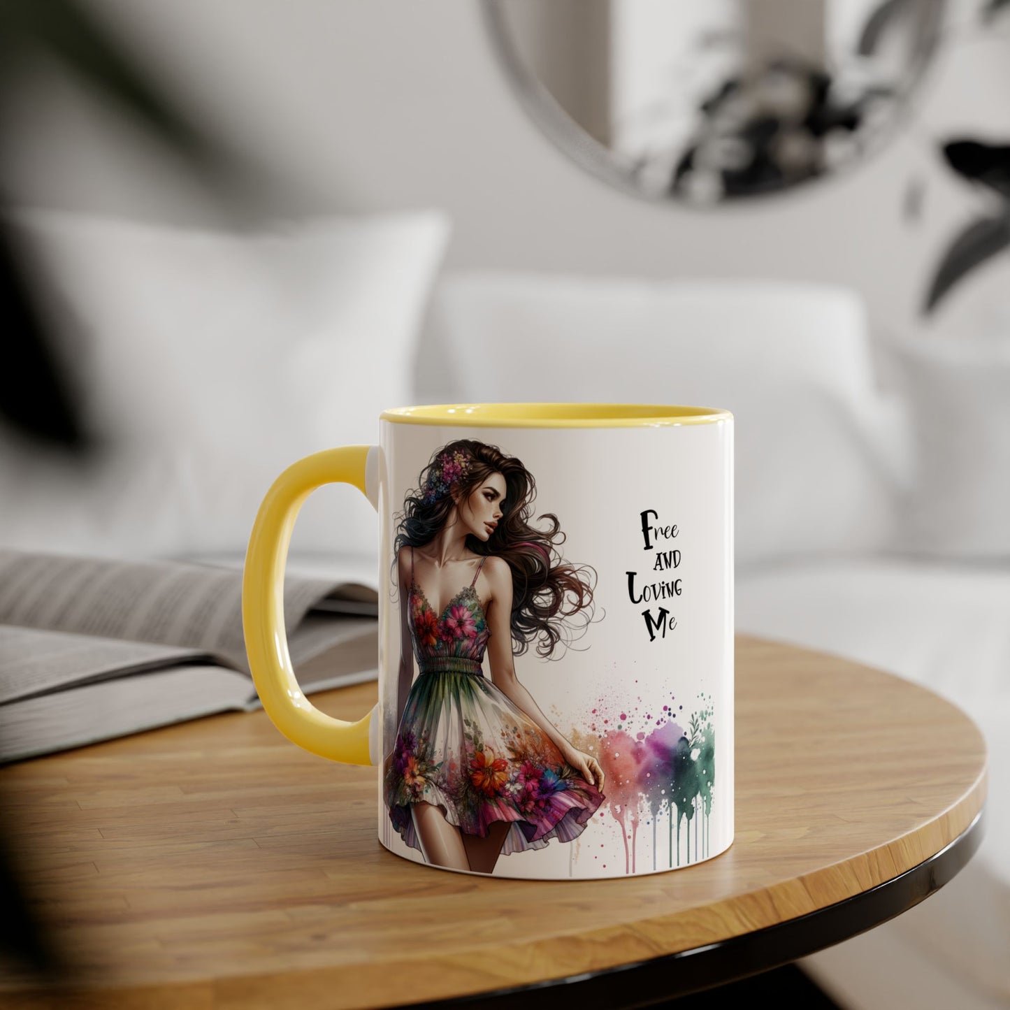 Floral Art Inspirational Coffee Mug, Free and Loving Me, Gift for Her, Colorful Drinkware, Boho Mug, Artistic Tea Cup