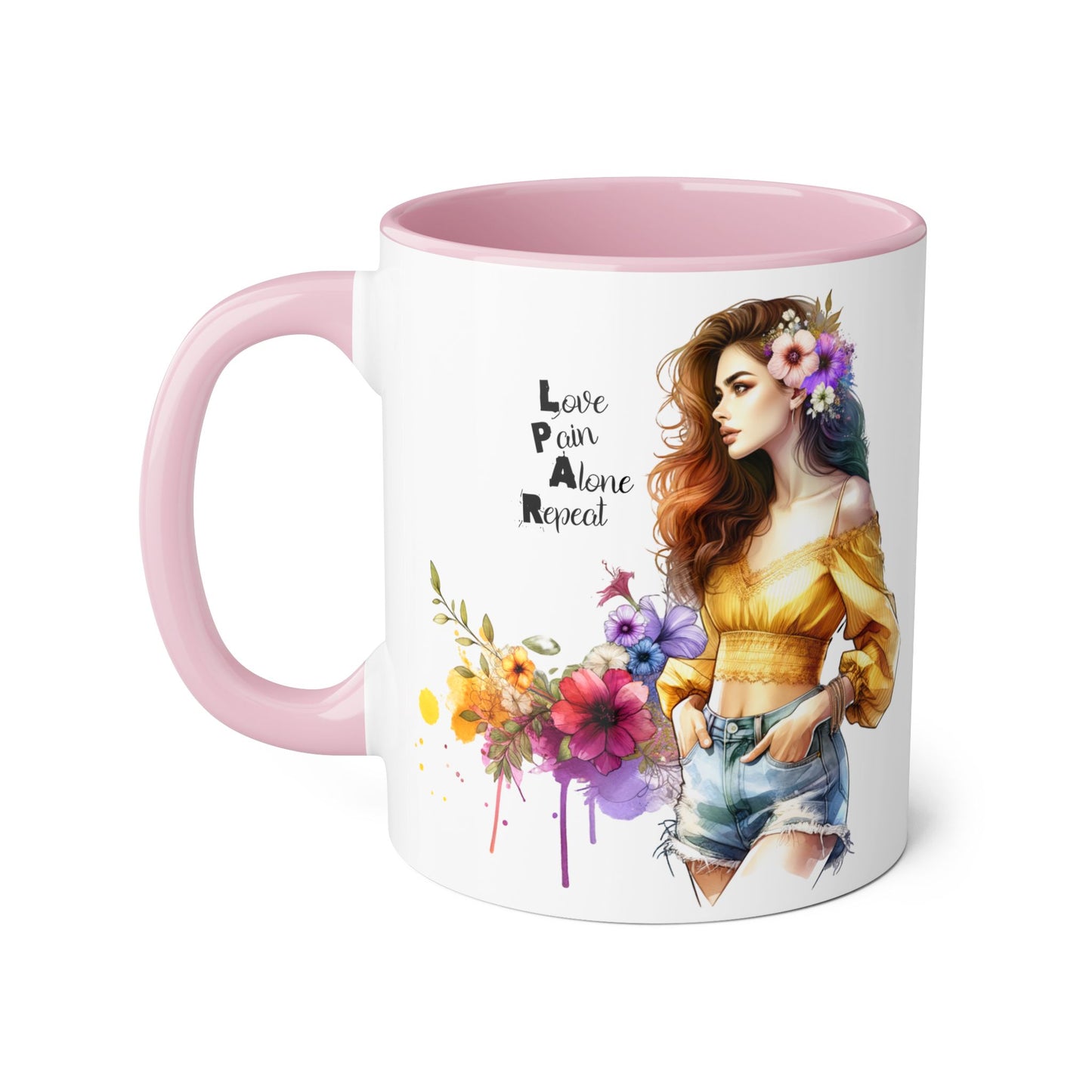 Colorful Floral Accent Mug, Love Pain Alone Repeat, Inspirational Coffee Cup, Gift for Friends, Art Lover Mug