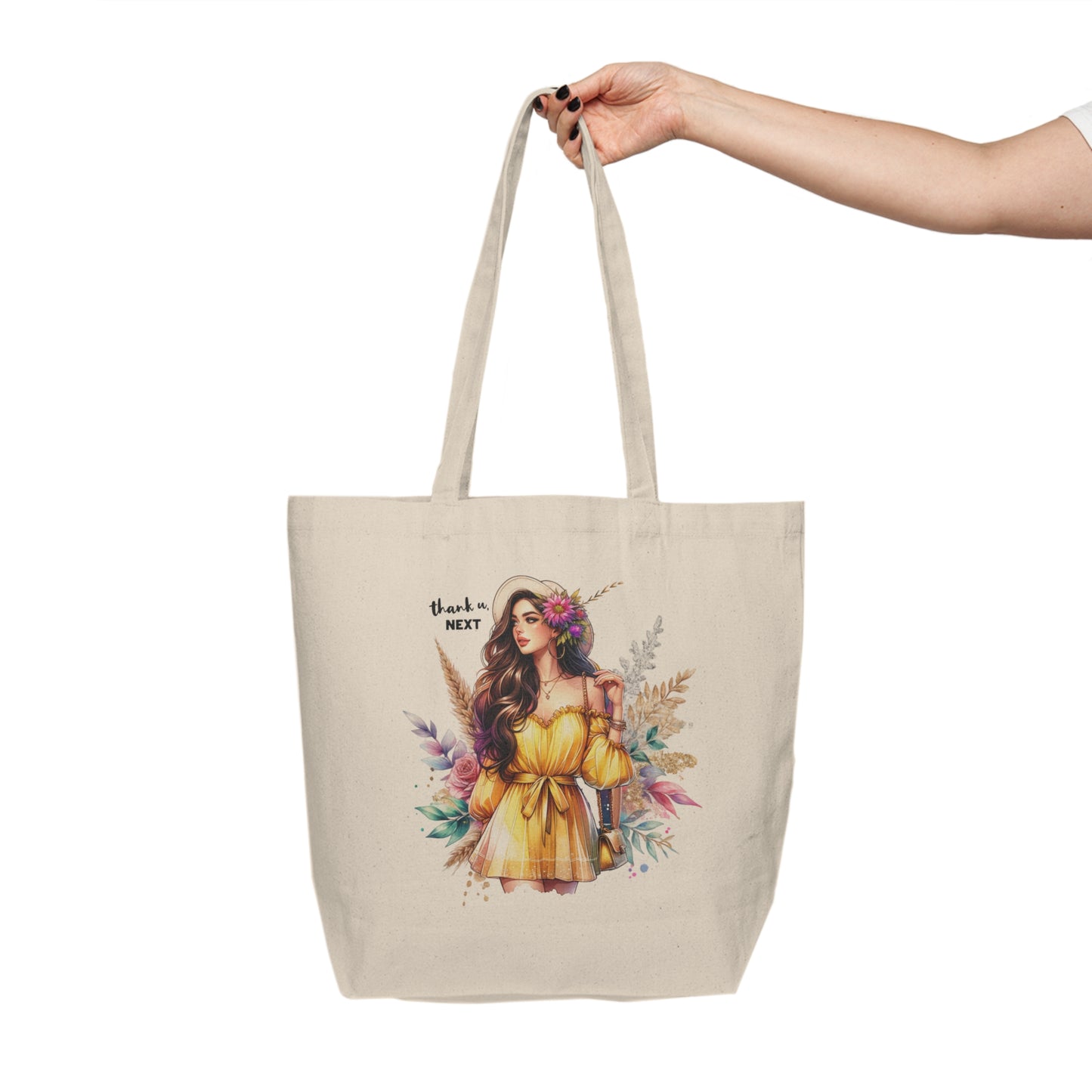 Thank U, Next Elegant Floral Tote Bag, Canvas Shopping Tote for Everyday Use, Eco-Friendly Gift, Bridesmaid Bag, Market Grocery Bag