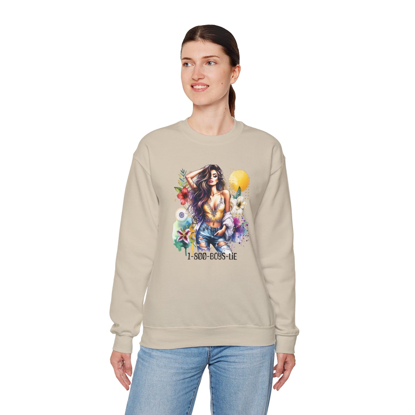 1-800-Boys-Lie Boho Chic Crewneck Sweatshirt with Floral Design, Unisex Gift, Self-Love Apparel, Cozy Casual Wear, Perfect for Relaxation
