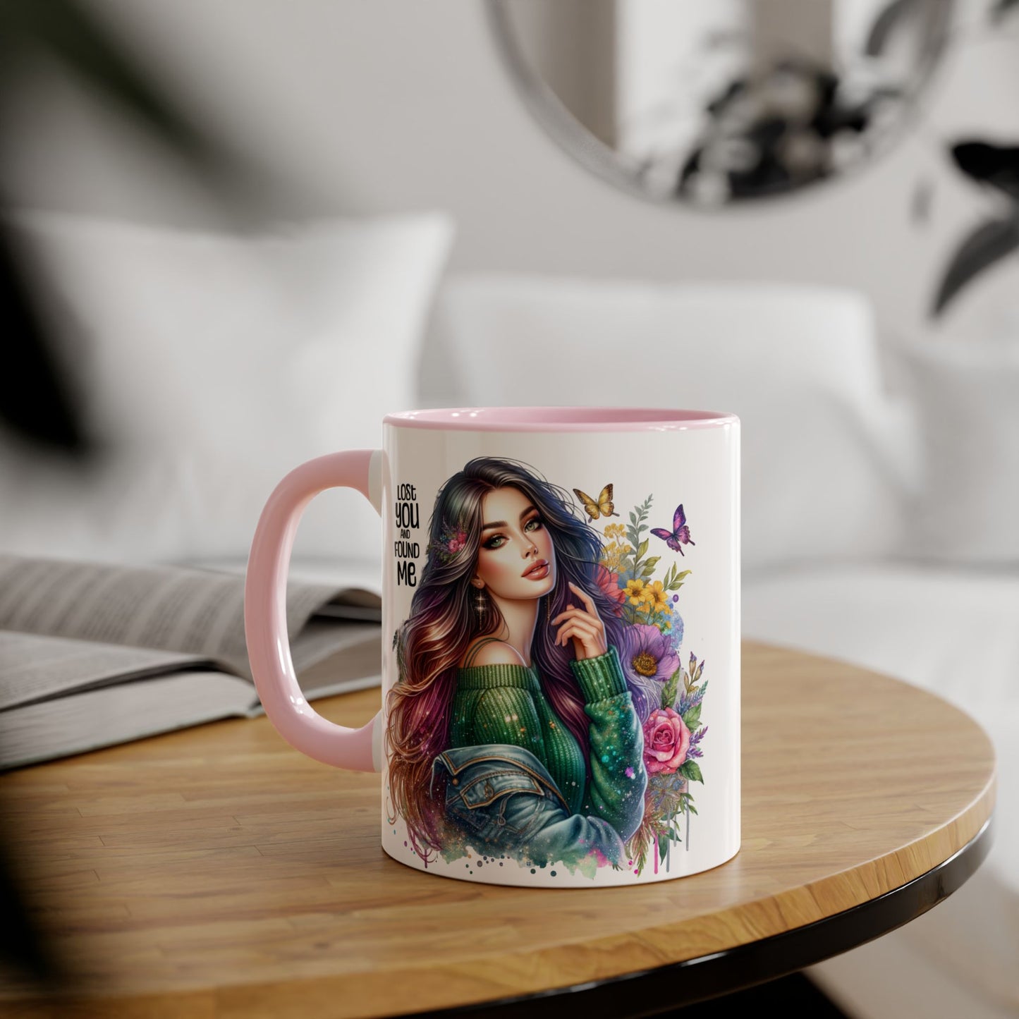 Colorful Accent Mug - "Lose You and Found Me" Design for Coffee Lovers, Unique Gift for Her, Floral Art Mug, Inspirational Drinkware