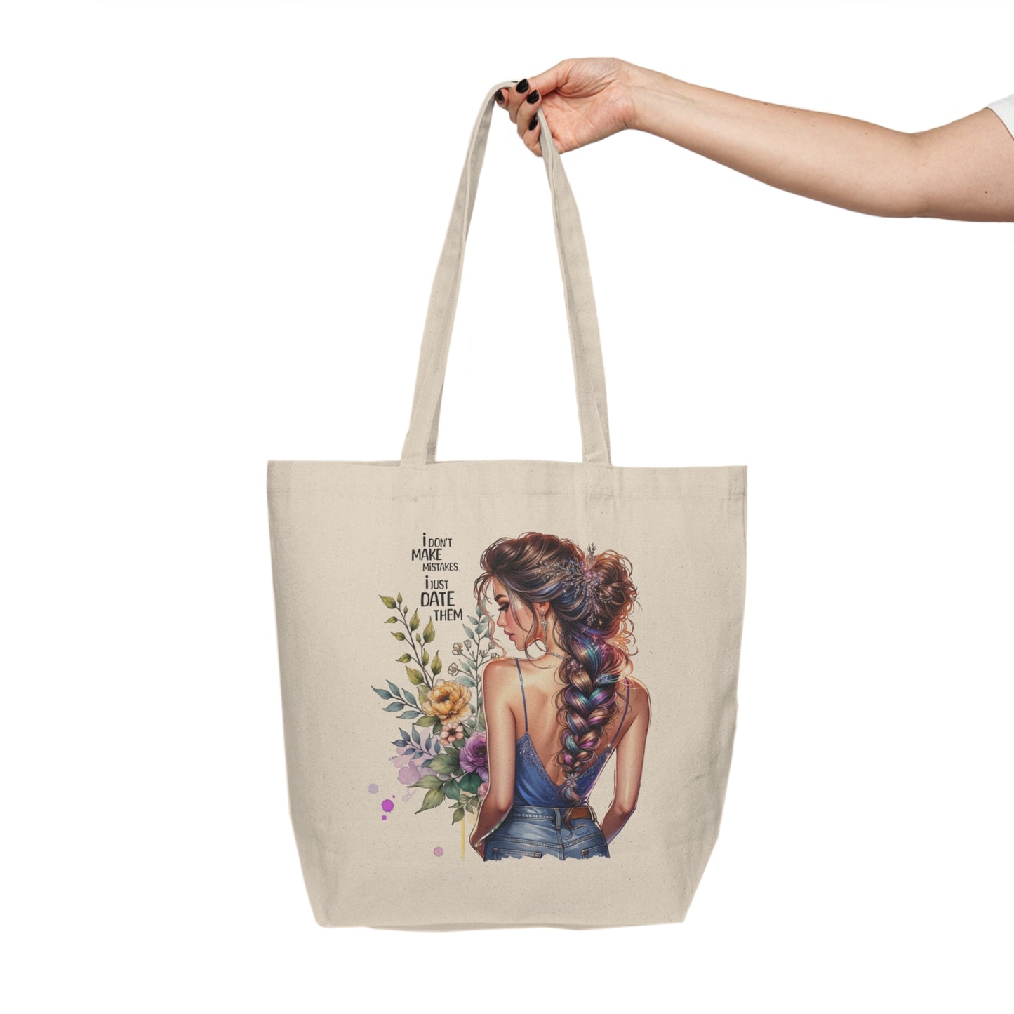 I Don`t Make Mistakes, I Just Date Them Beautiful Floral Canvas Shopping Tote, Stylish Grocery Bag, Eco-Friendly Tote, Gift for Her, Nature Lover Bag, Everyday Use
