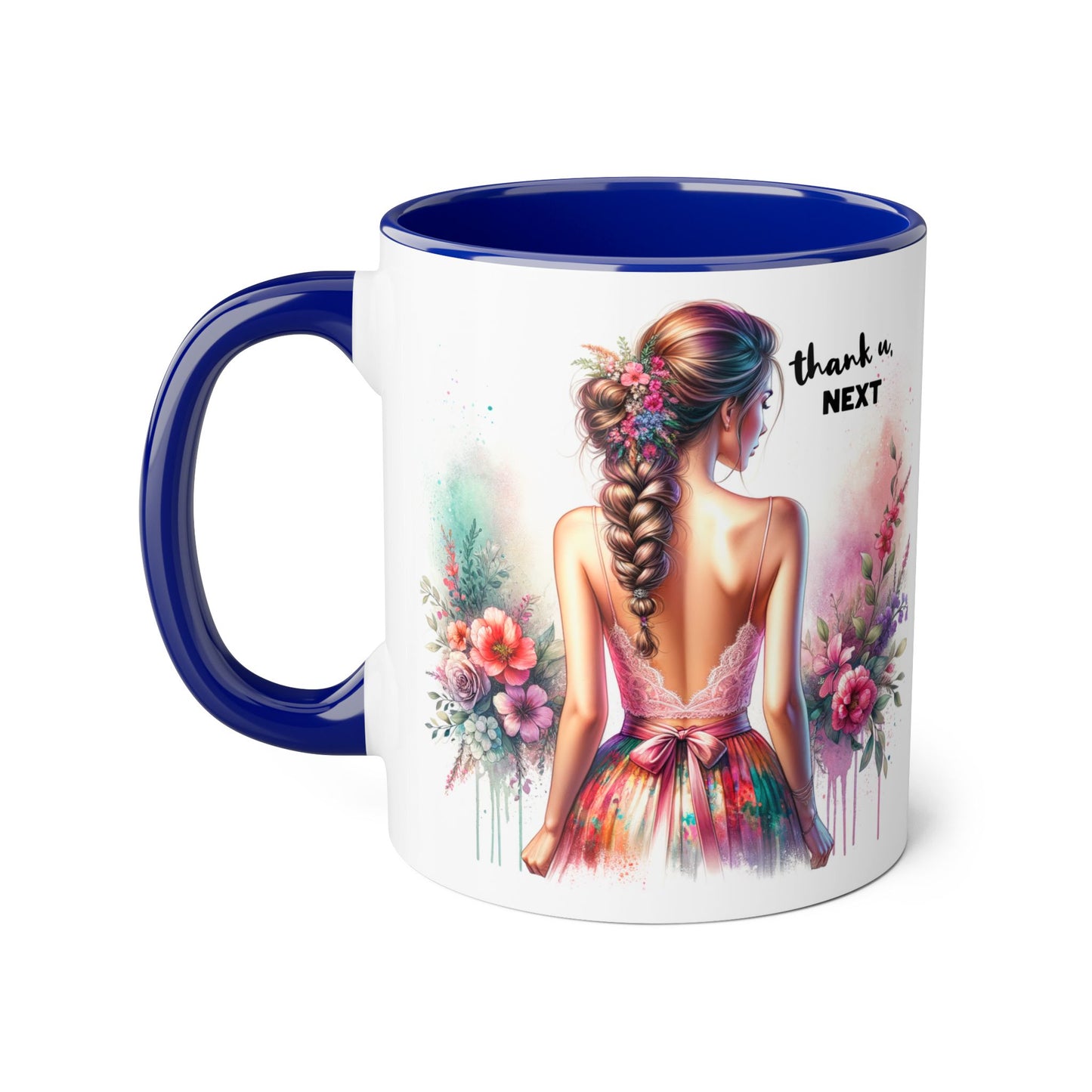 Thank U, Next Artistic Floral Accent Mug, Thank U Next Coffee Cup, Colorful Tea Mug, Gift for Her, Inspirational Art Drinkware