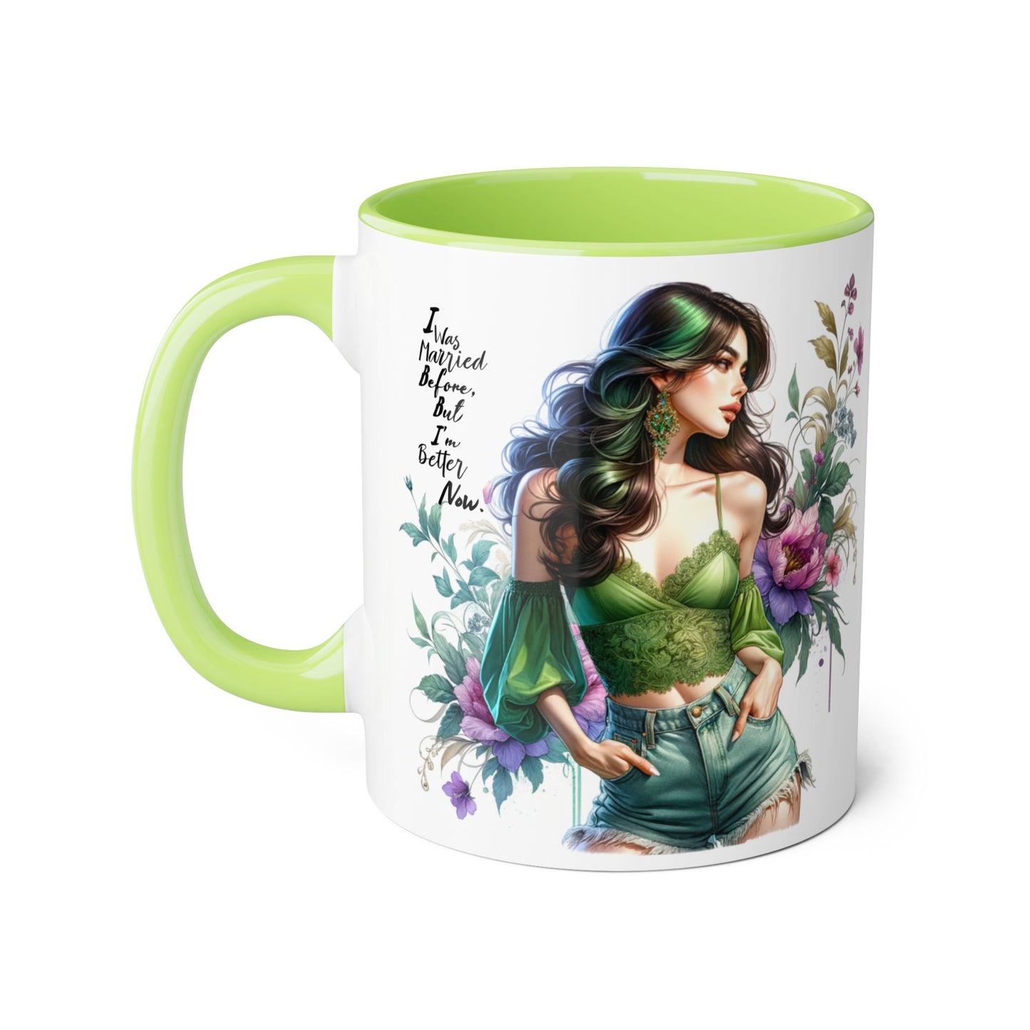 I Was Married Before But I'm Better Now Humoristic Floral Goddess Accent Mug, Inspirational Coffee Cup, Gift for Her, Boho Chic Drinkware, Unique Art Mugs, Home Decor