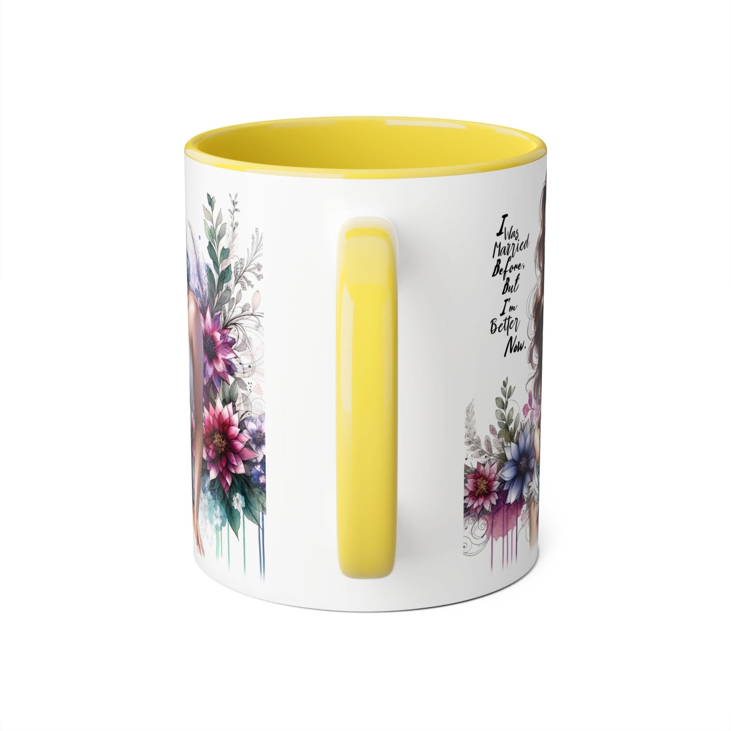 I Was Married Before But I'm Better Now Humoristic Elegant Floral Accent Mug - Inspirational Quote Coffee Cup, Gift for Her, Home Office Decor, Self-Care, Birthday Present