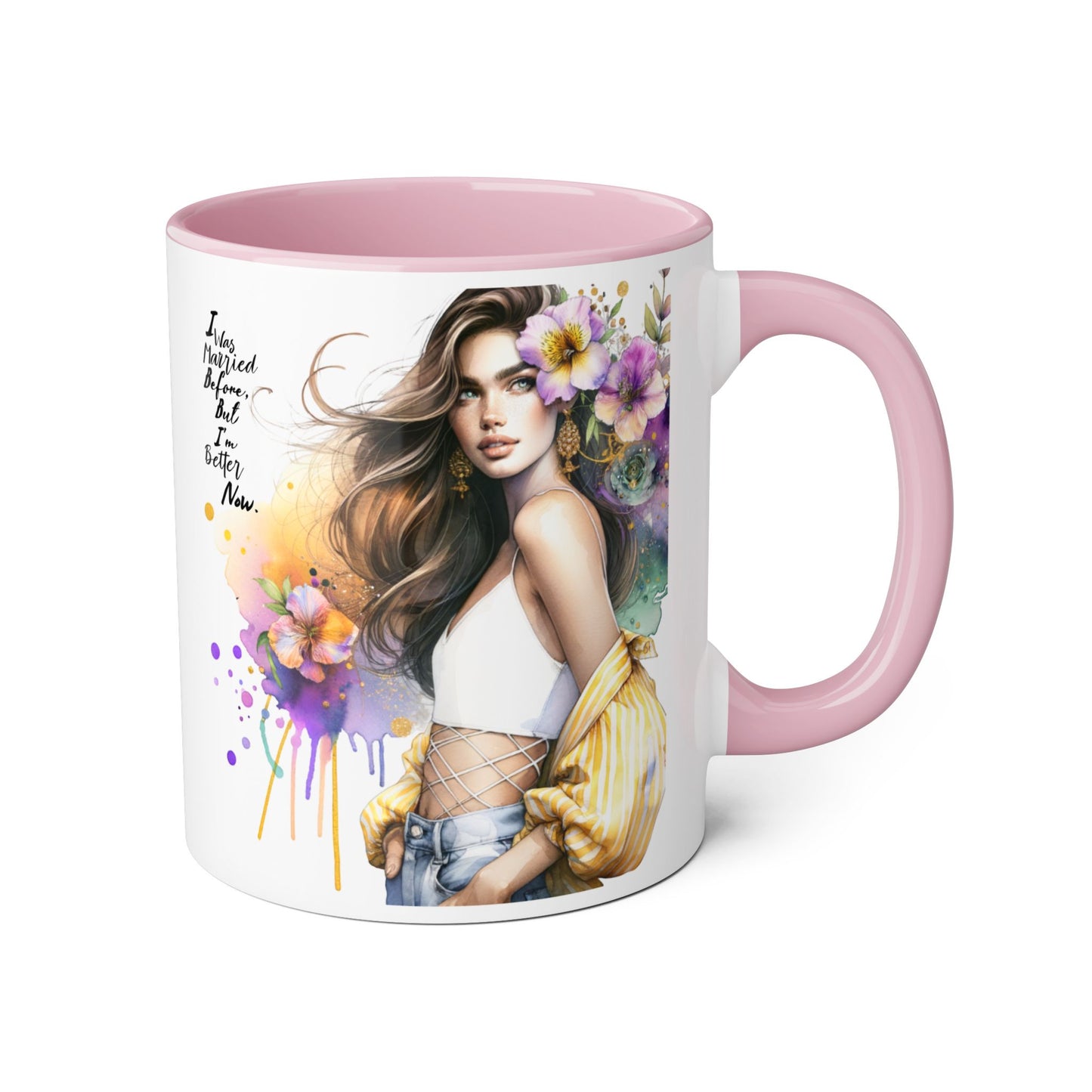 I Was Married Before But I'm Better Now Humoristic Artistic Accent Mug, Coffee Cup for Inspiration, Floral Design, Gift for Friends, Birthday, Home Decor, Motivational Drinkware