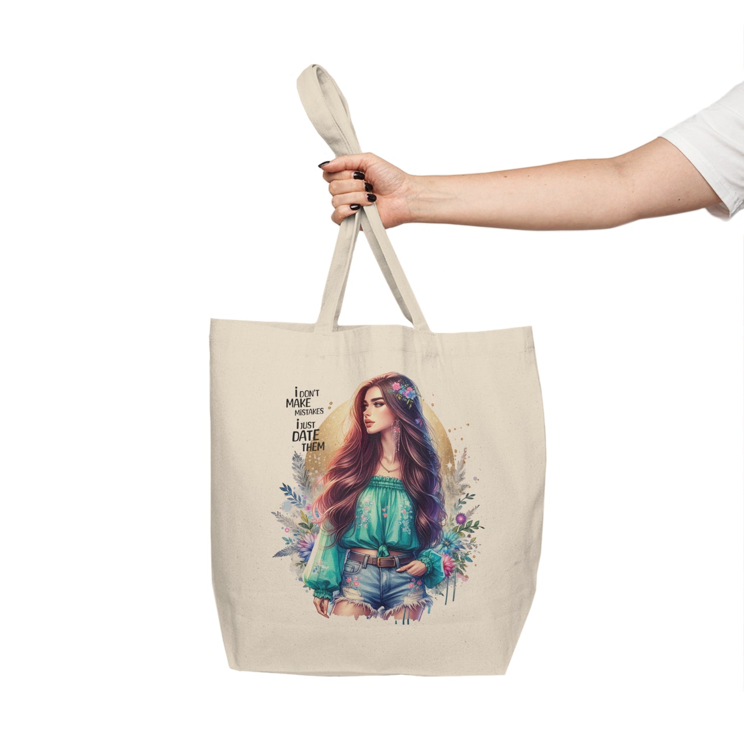 I Don`t Make Mistakes, I Just Date Them Stylish Canvas Shopping Tote with Inspirational Quote, Eco-Friendly Bag, Reusable Grocery Bag, Beach Tote, Boho Tote for Everyday Use