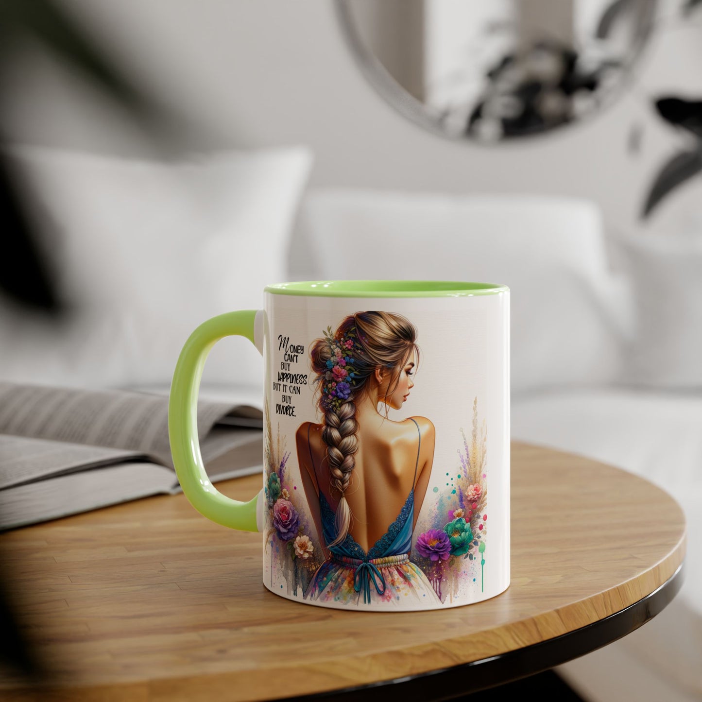 Money Can't Buy Happiness But It Can Buy Divorce Humoristic Empowering Accent Mugs | Inspirational Gift for Women | Unique Coffee Mug | Floral Design | Self-Care Reminder | Motivational Quote