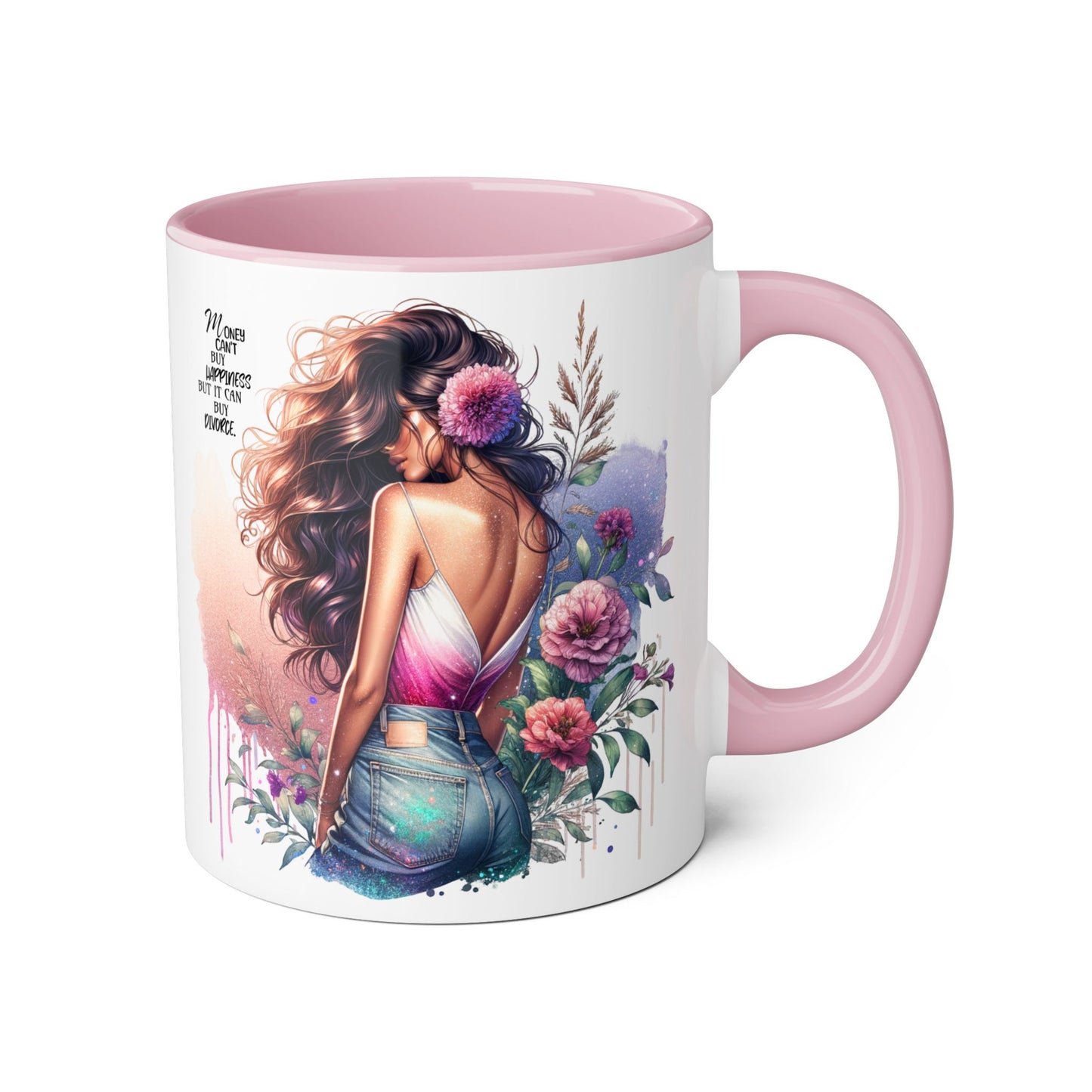 Money Can't Buy Happiness But It Can Buy Divorce Humoristic Elegant Floral Accent Mug, Inspirational Coffee Cup for Women, Motivational Gift, Artful Drinkware for Home & Office