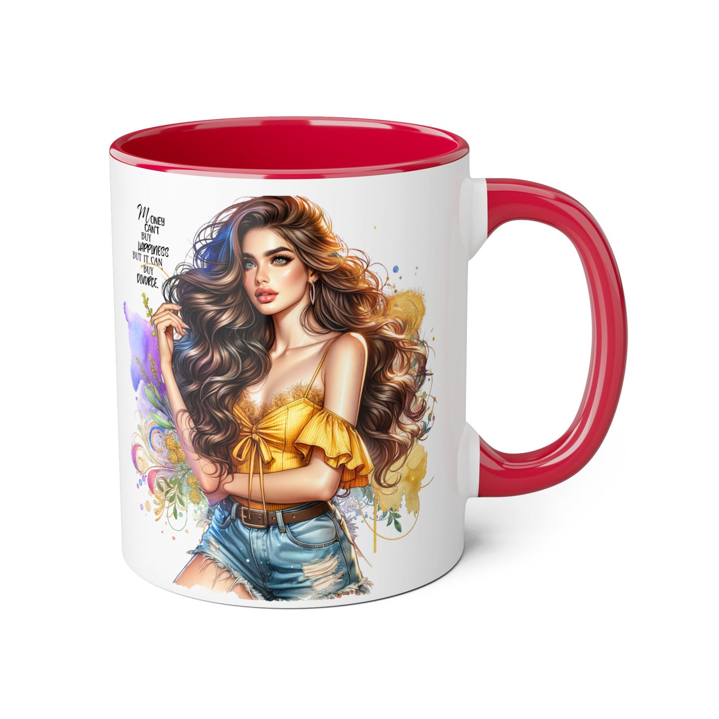 Money Can't Buy Happiness But It Can Buy Divorce Humoristic Empowering Accent Mug, Inspirational Coffee Cup, Artful Drinkware for Self-Care, Perfect Gift for Birthdays, Motivational Decor