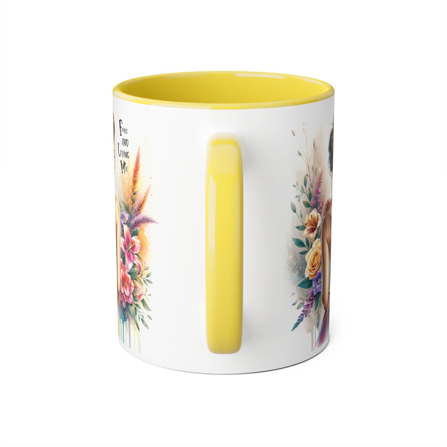 Free and Loving Me Empowering Quote Accent Mug, Inspirational Coffee Mug, Floral Design Mug, Unique Gift for Women, Motivational Drinkware
