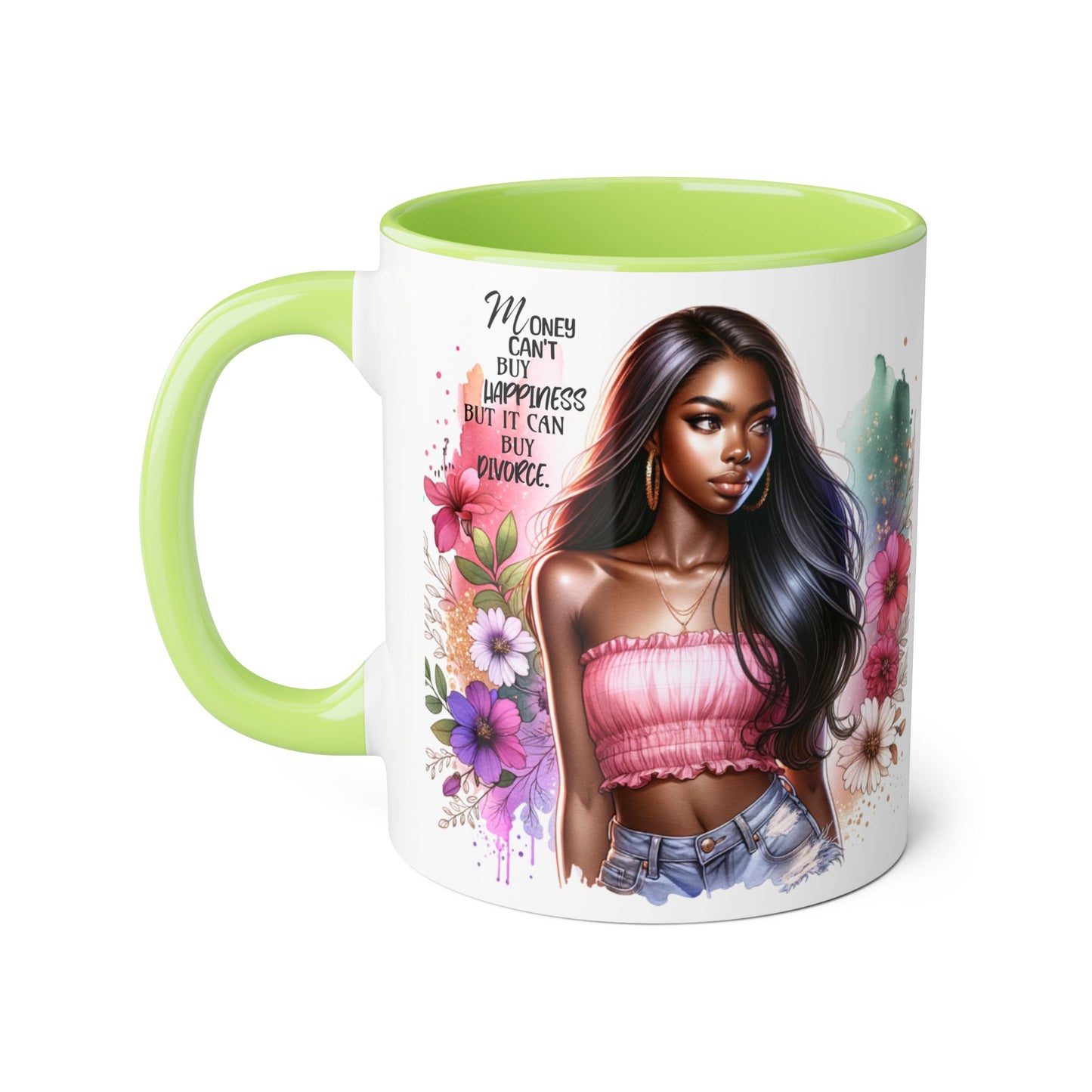 Money Can't Buy Happiness But It Can Buy Divorce Humoristic Empowering Accent Mugs, Motivational Coffee Cup, Inspirational Tea Mug, Unique Gift for Her, Artistic Floral Mug