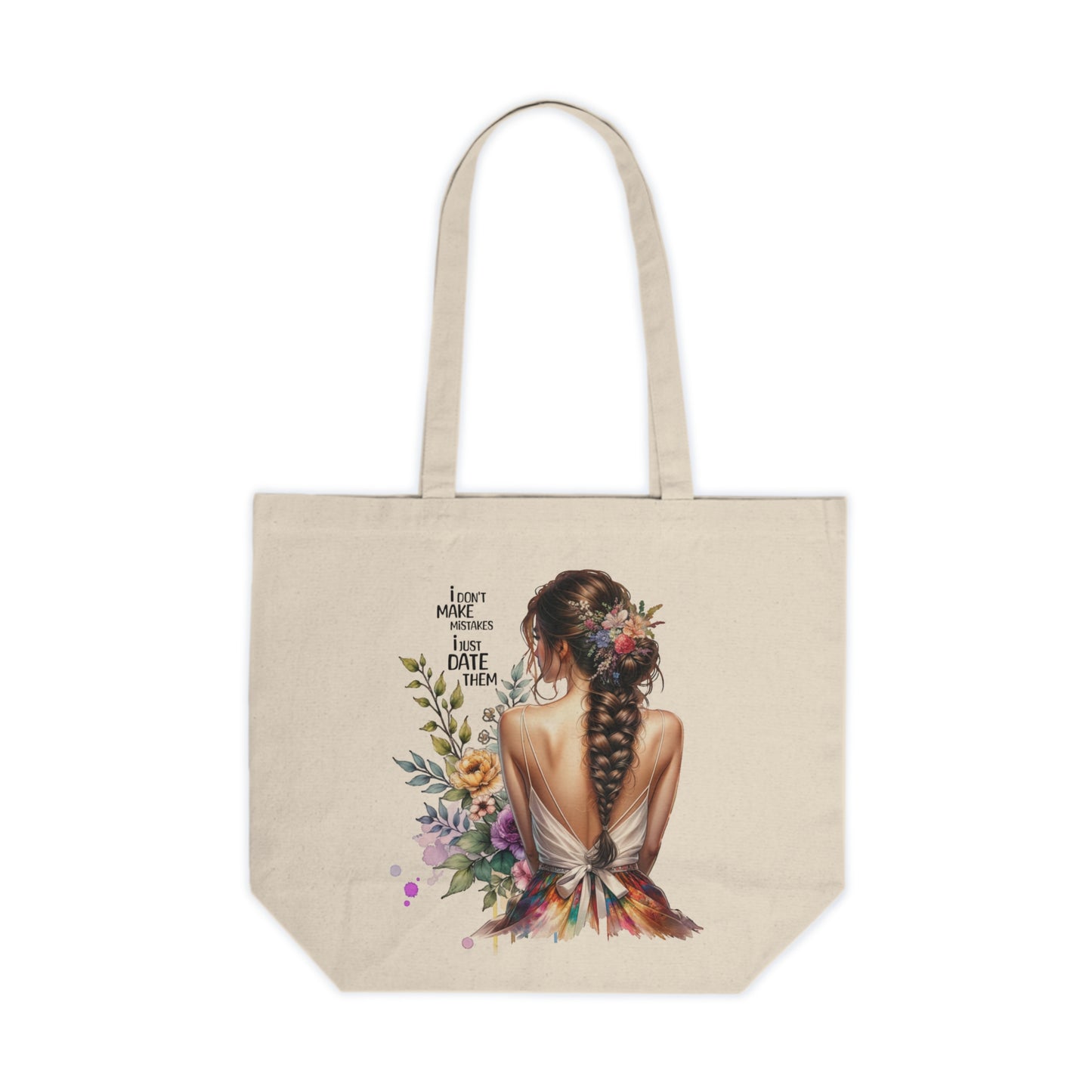 I Don`t Make Mistakes, I Just Date Them Bohemian Floral Canvas Tote Bag, Eco-friendly Shopping Bag, Gift for Her, Beach or Grocery Tote, Unique Art Tote