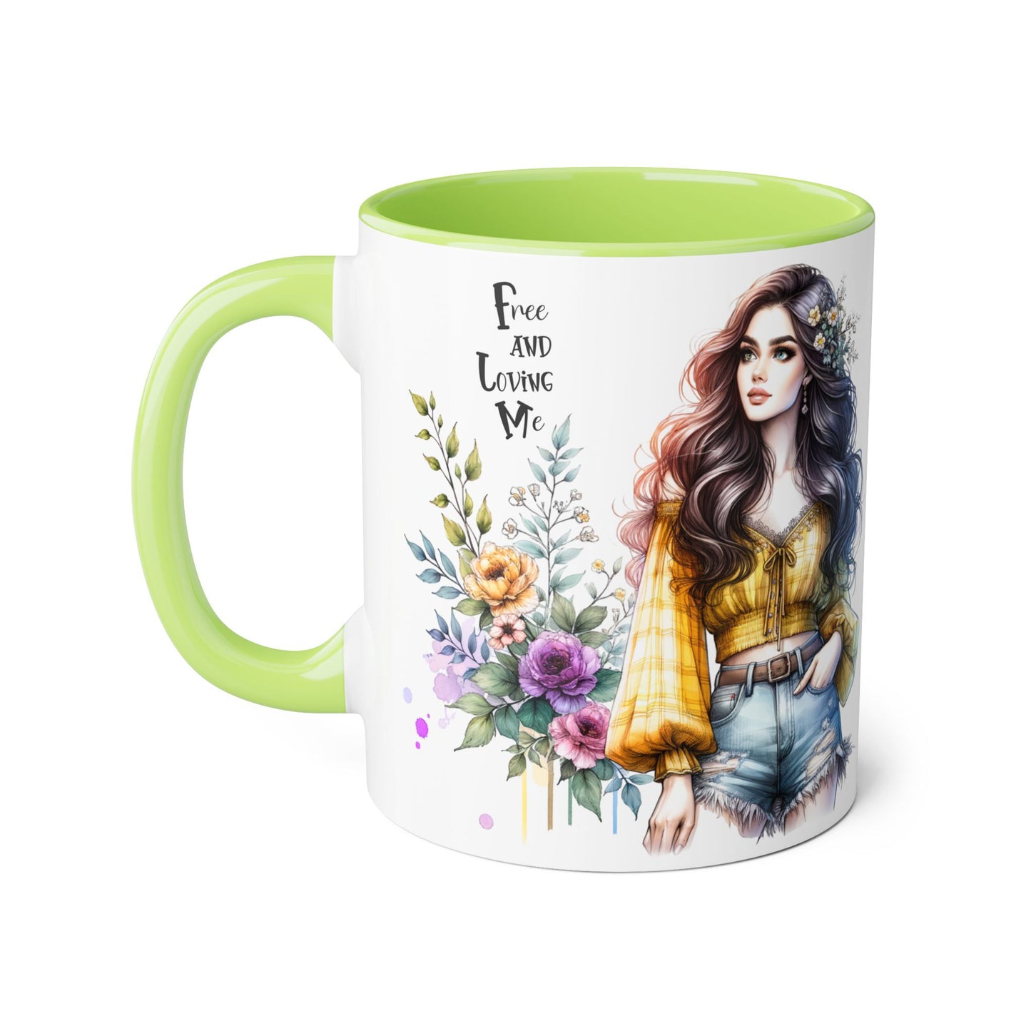 Bohemian Floral Accent Mug, Free and Loving Me Coffee Cup, Gift for Her, Unique Art Mug, Morning Beverage Lover's Gift