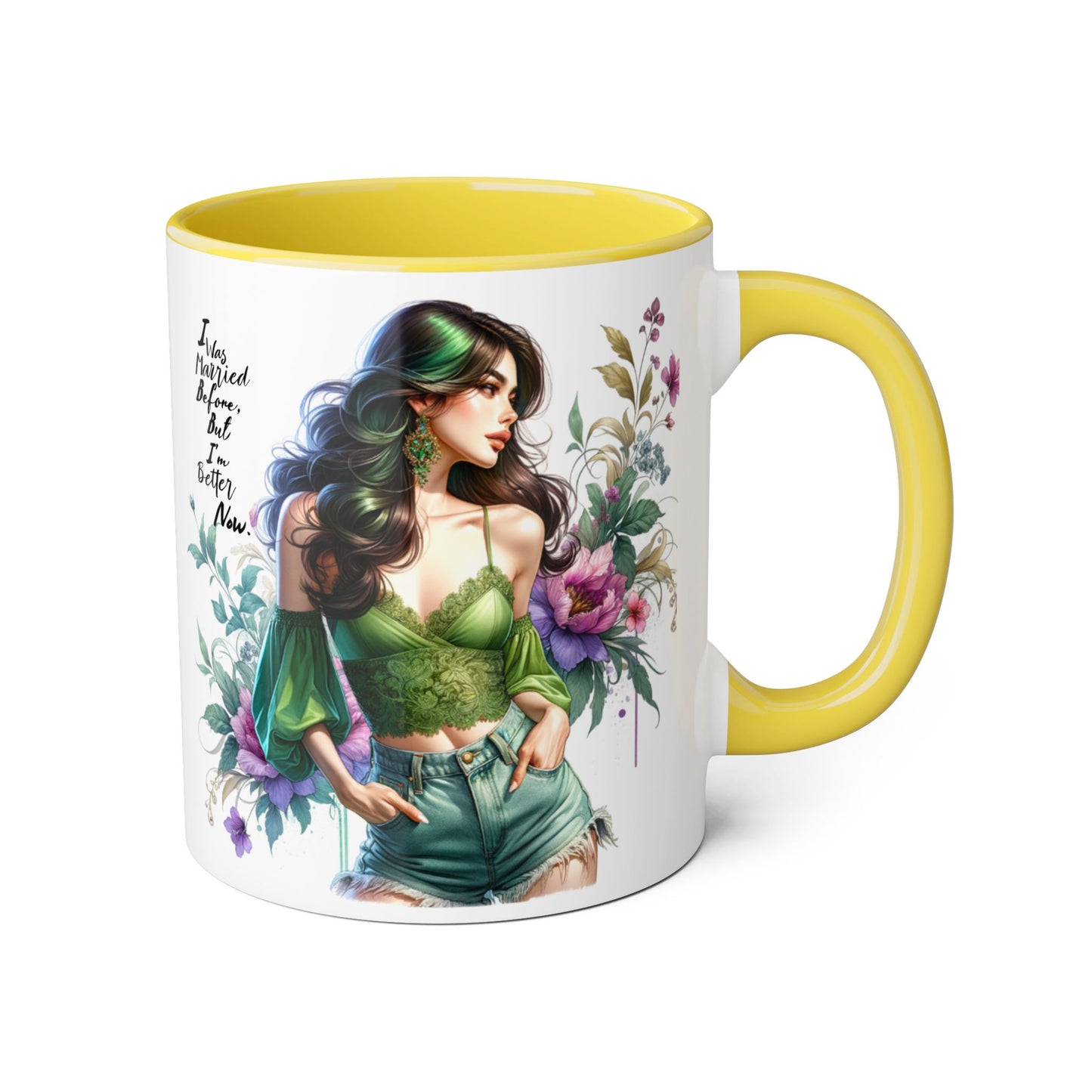 I Was Married Before But I'm Better Now Humoristic Floral Goddess Accent Mug, Inspirational Coffee Cup, Gift for Her, Boho Chic Drinkware, Unique Art Mugs, Home Decor