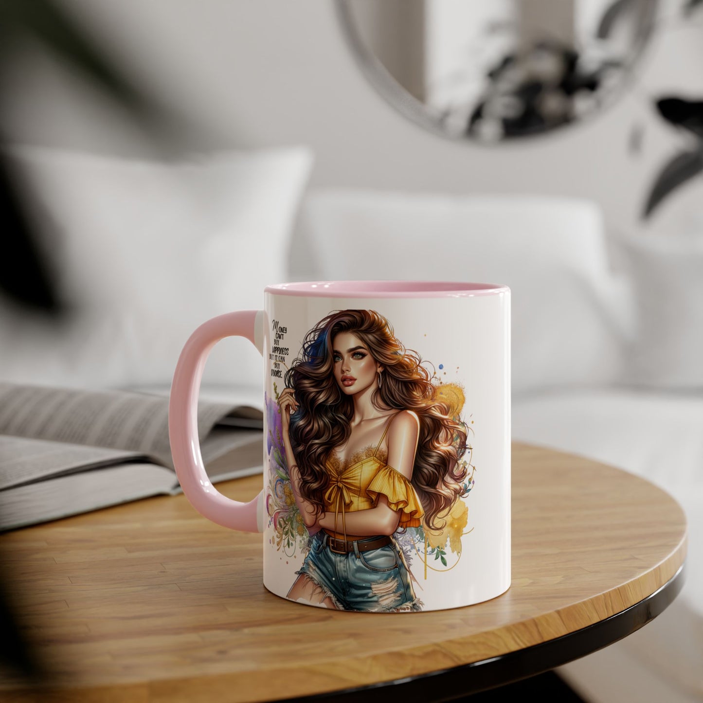 Money Can't Buy Happiness But It Can Buy Divorce Humoristic Empowering Accent Mug, Inspirational Coffee Cup, Artful Drinkware for Self-Care, Perfect Gift for Birthdays, Motivational Decor