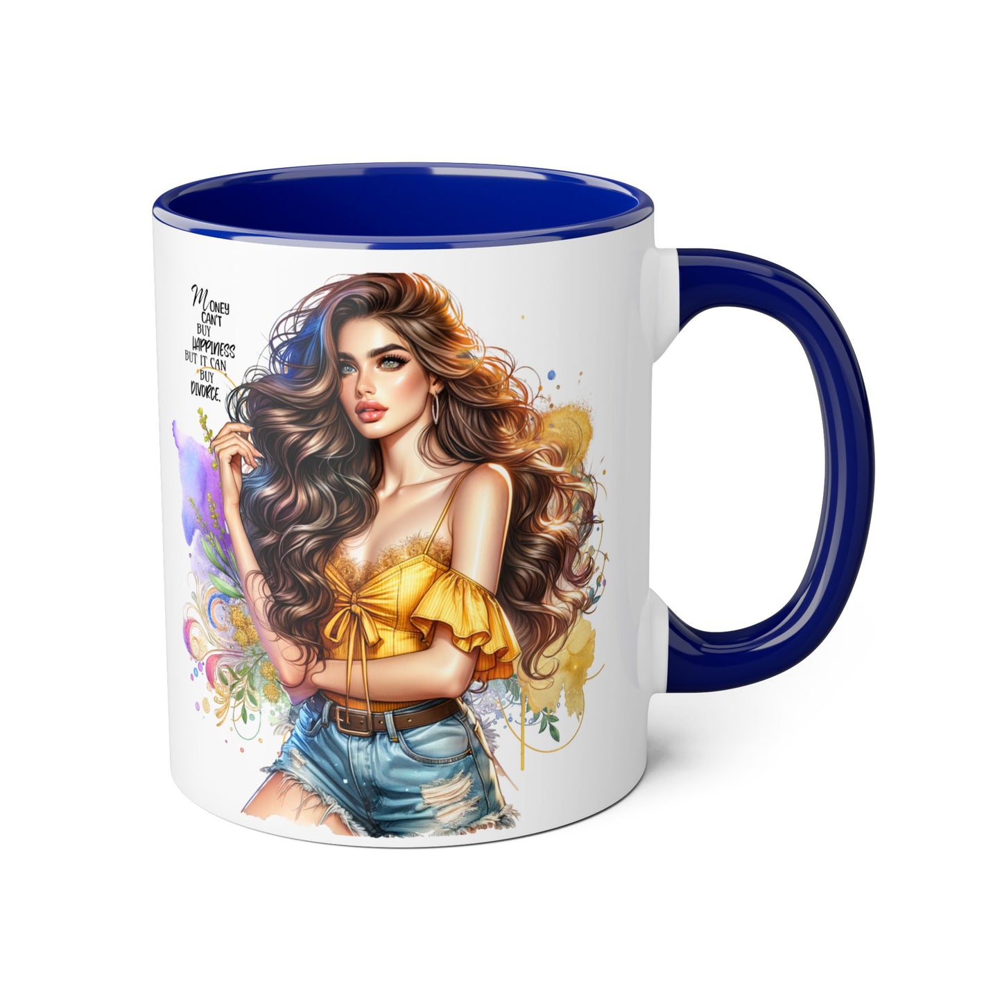 Money Can't Buy Happiness But It Can Buy Divorce Humoristic Empowering Accent Mug, Inspirational Coffee Cup, Artful Drinkware for Self-Care, Perfect Gift for Birthdays, Motivational Decor