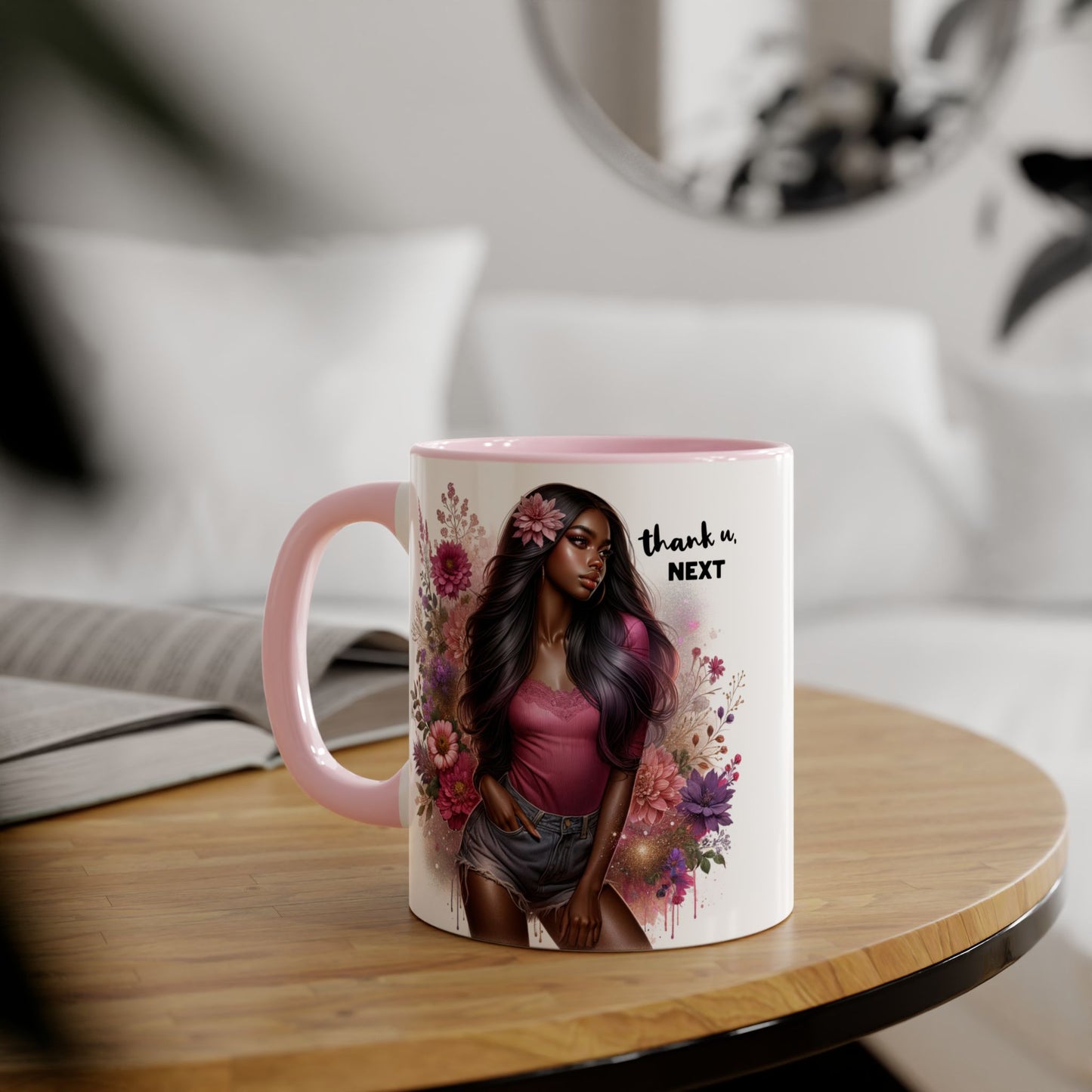 Thank U, Next Floral Artistic Accent Mug, Thank You Next Coffee Cup, Colorful Gift for Her, Boho Style Ceramic Mug, Unique Tea Mug