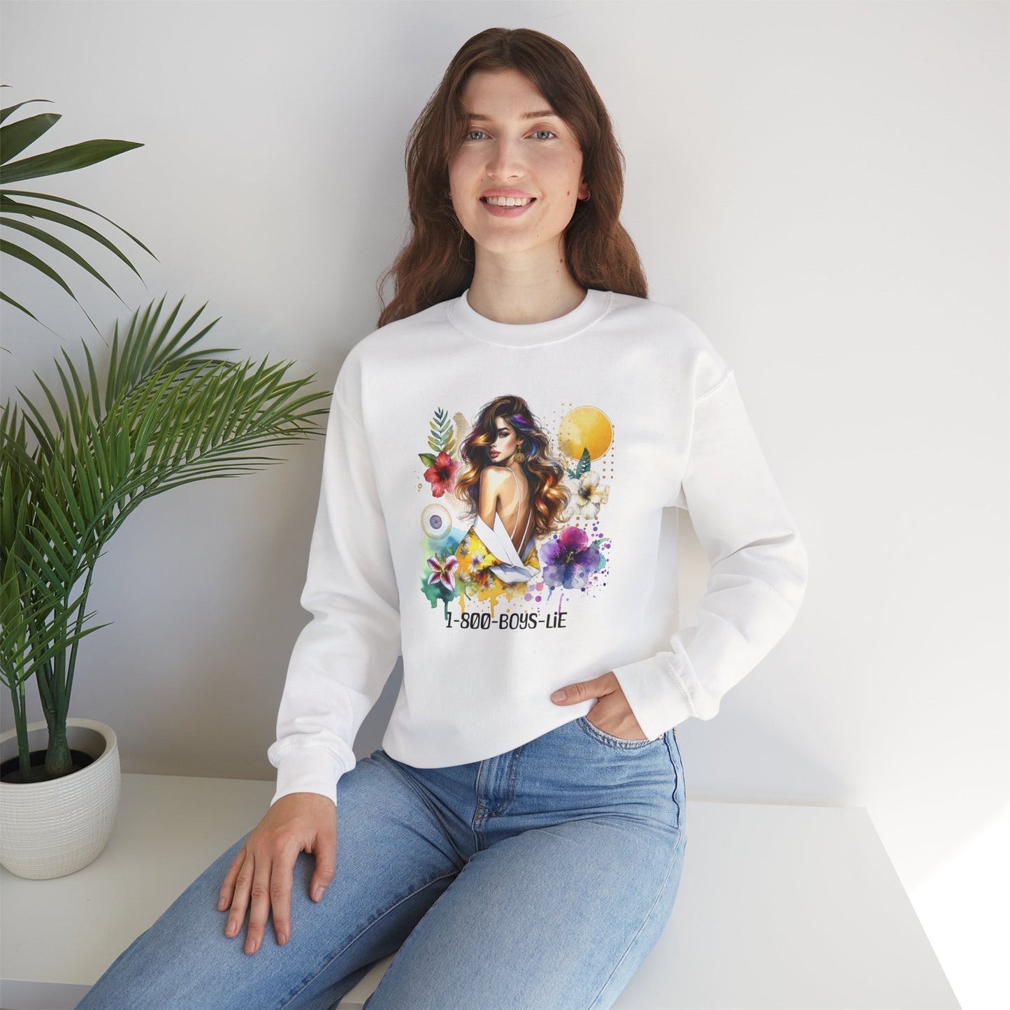 1-800-Boys-Lie Bohemian Floral Crewneck Sweatshirt, Trendy Oversized Sweater, Unique Gift for Her, Cozy Fall Apparel, Birthday & Casual Wear