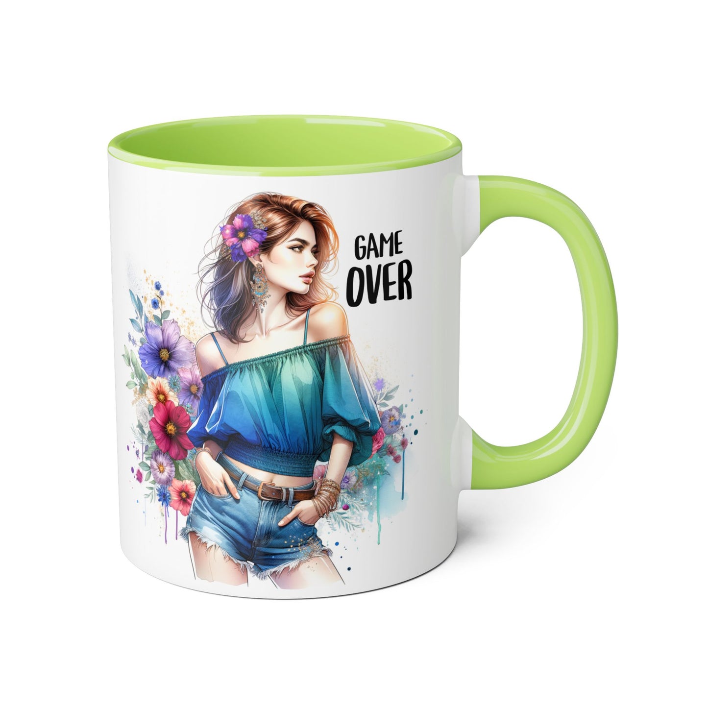 Vibrant Game Over Accent Mug - Floral Design, 11oz Coffee Cup, Unique Gift, for Gamers, Birthday or Everyday Use