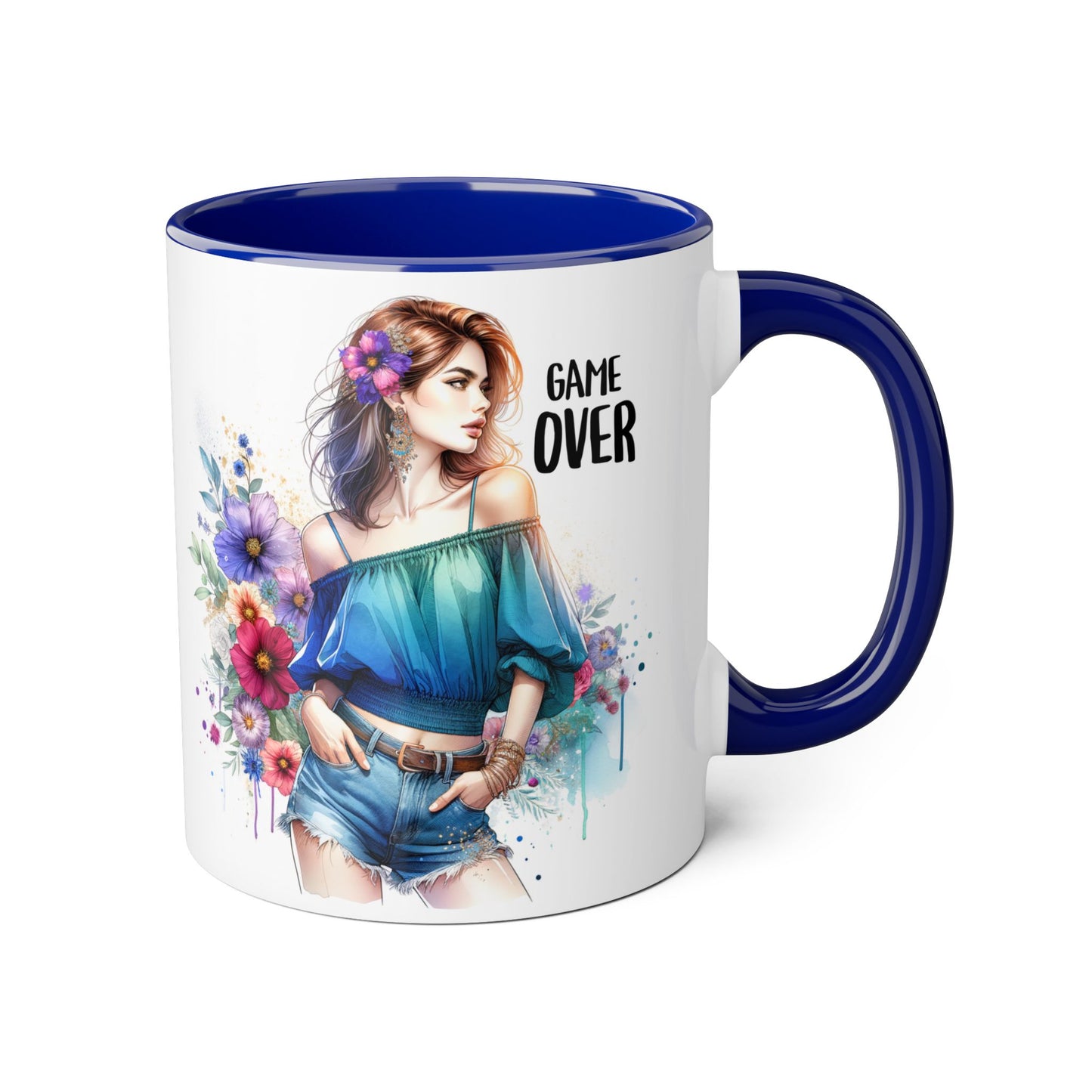 Vibrant Game Over Accent Mug - Floral Design, 11oz Coffee Cup, Unique Gift, for Gamers, Birthday or Everyday Use