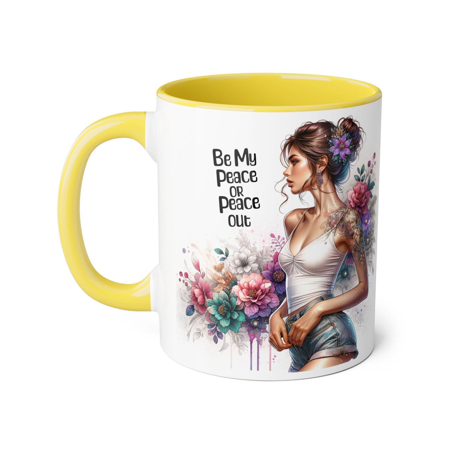 Be My Peace or Peace Out Bohemian Floral Accent Mug - Inspirational Coffee Cup, Gift for Her, Peaceful Vibes, Birthday Present, Home Decor, Artistic Drinkware
