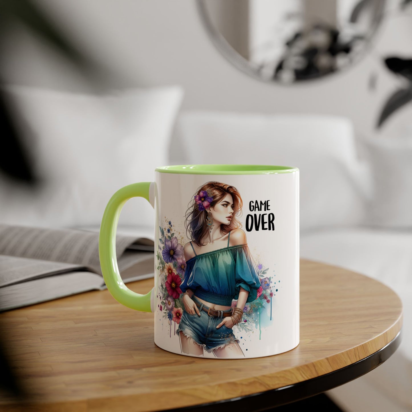 Vibrant Game Over Accent Mug - Floral Design, 11oz Coffee Cup, Unique Gift, for Gamers, Birthday or Everyday Use
