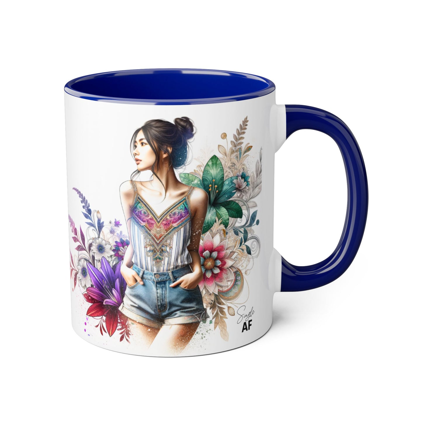 Single AF Boho Flower Accent Mug - Artistic Coffee Cup, Floral Design, Gift for Her, Birthday, Home Decor, Unique Artwork, 11oz