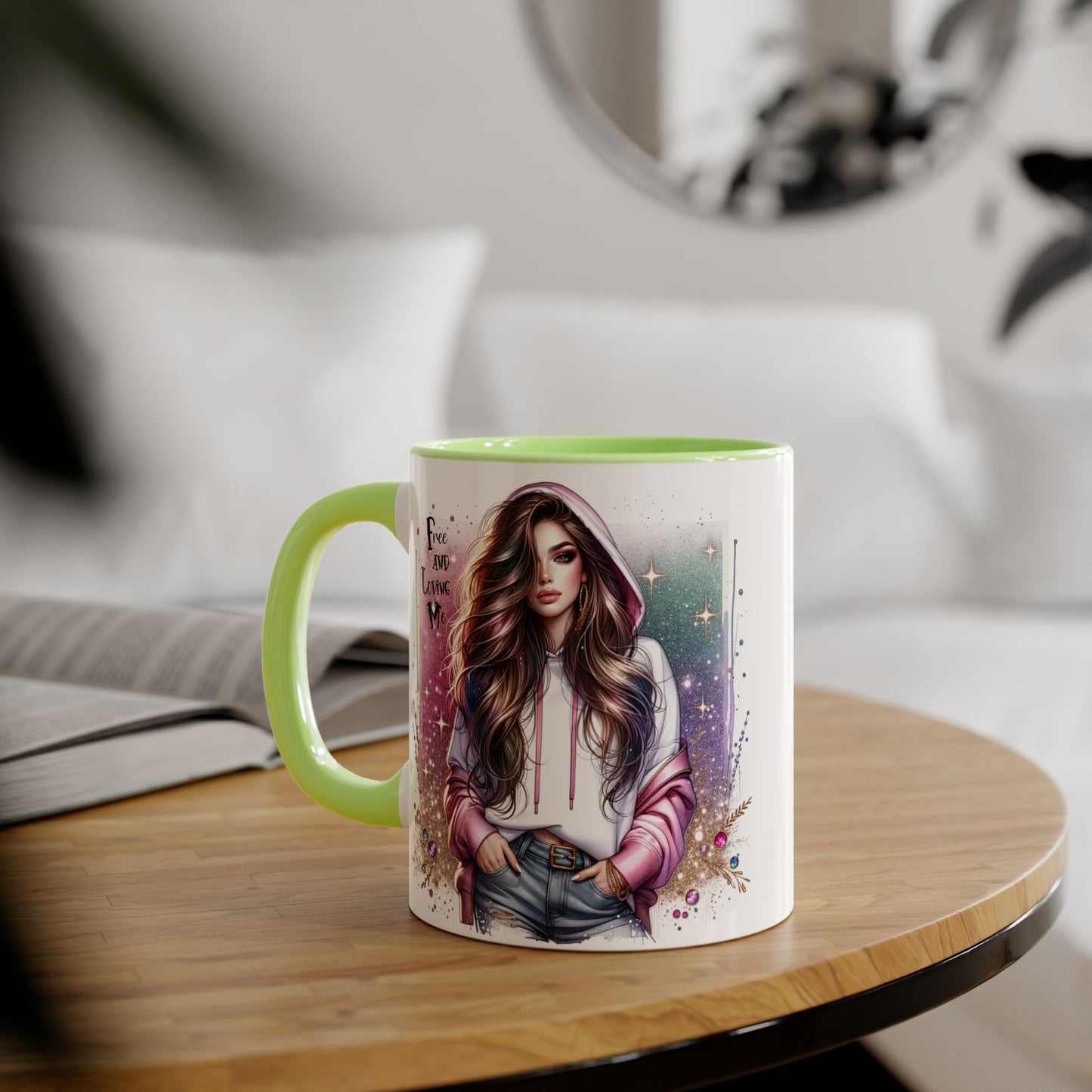 Stylish Accent Mug - 'Free and Loving Me' Coffee Cup, Perfect Gift for Coffee Lovers, Inspirational Drinkware, Cute Morning Mug