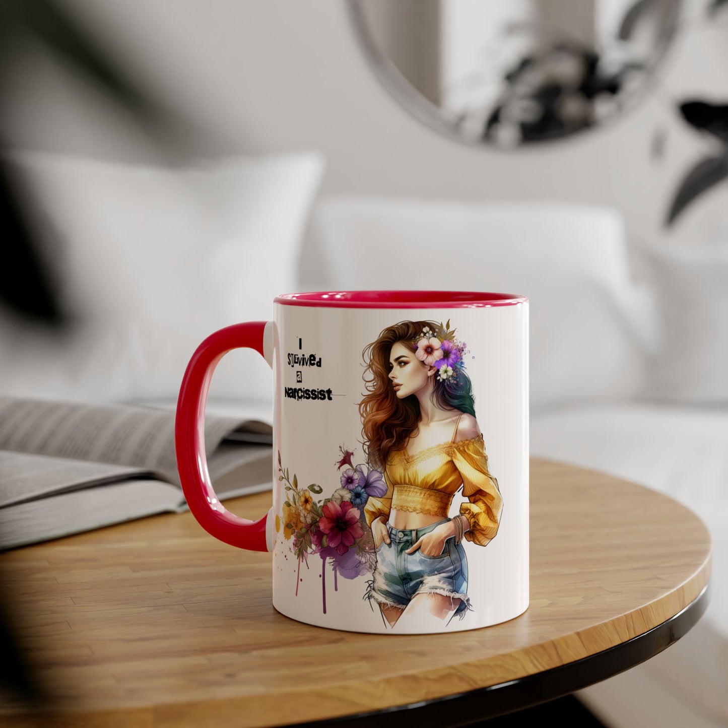 Empowering Accent Mug, Flower Art Coffee Cup, I Survived a Narcissist, Gift for Her, Inspirational Tea Mug, Self-Care