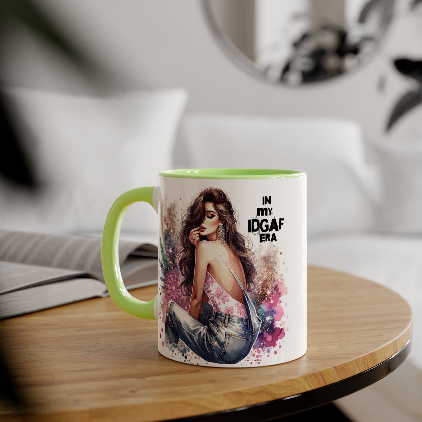 Stylish IDGAF Era Accent Mug, Empowering Gift for Her, Cute Coffee Cup, Trendy Drinkware, Funny Quote Mug, Perfect for Gifting