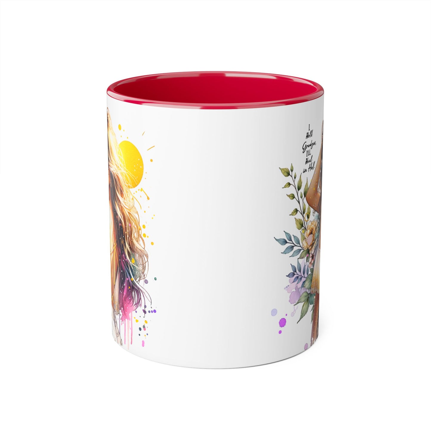 I Hold Grudges, I'll Heal in Hell Humoristic Artistic Accent Mugs, Floral Sunset Mug, Inspirational Coffee Cup, Unique Gift for Her, Bohemian Style Drinkware