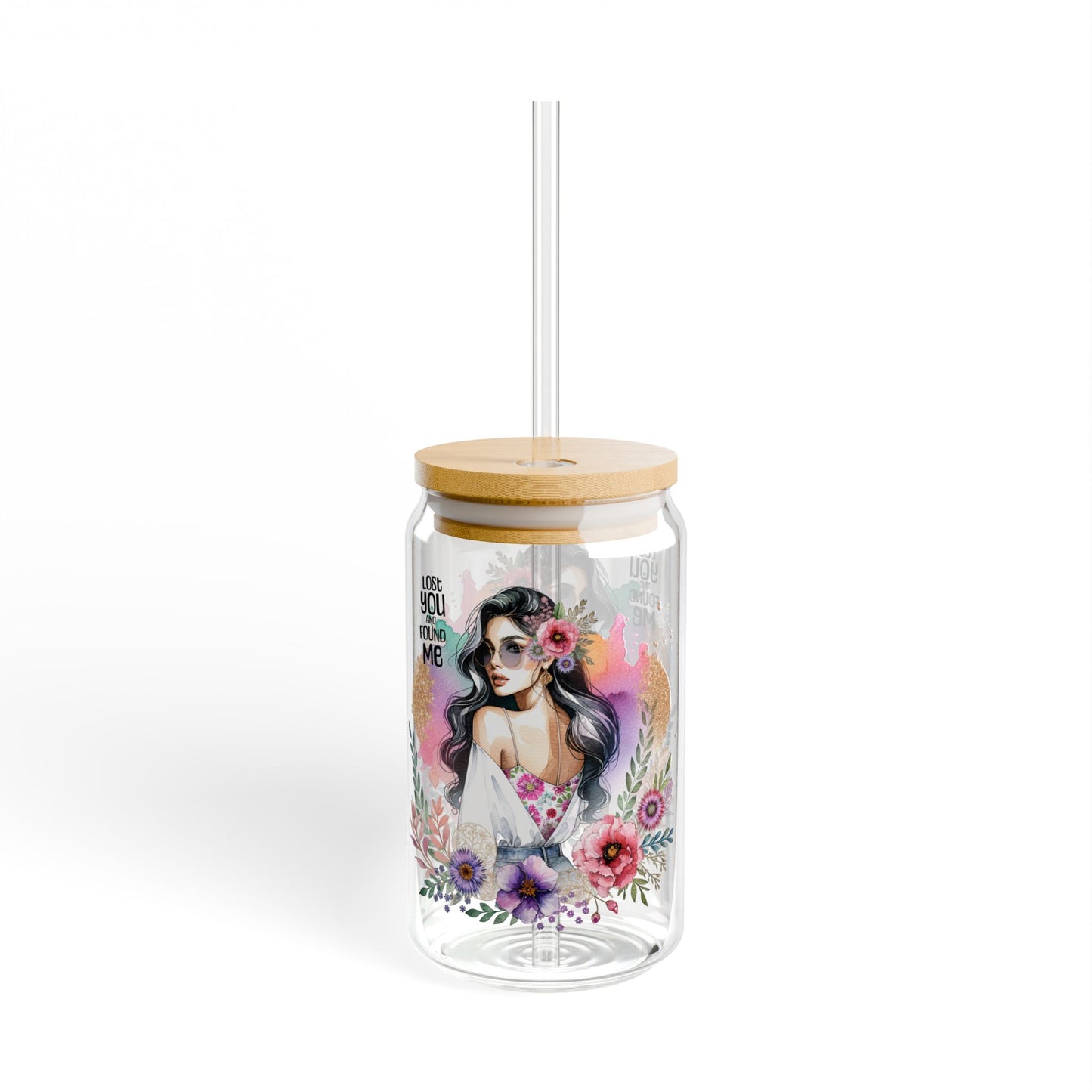 Lost You and Found Me Boho Floral Sipper Glass with Straw, 16oz, Art Glass Drinkware for Home & Parties, Vibrant Floral Design, Gift for Her, Summer Vibes