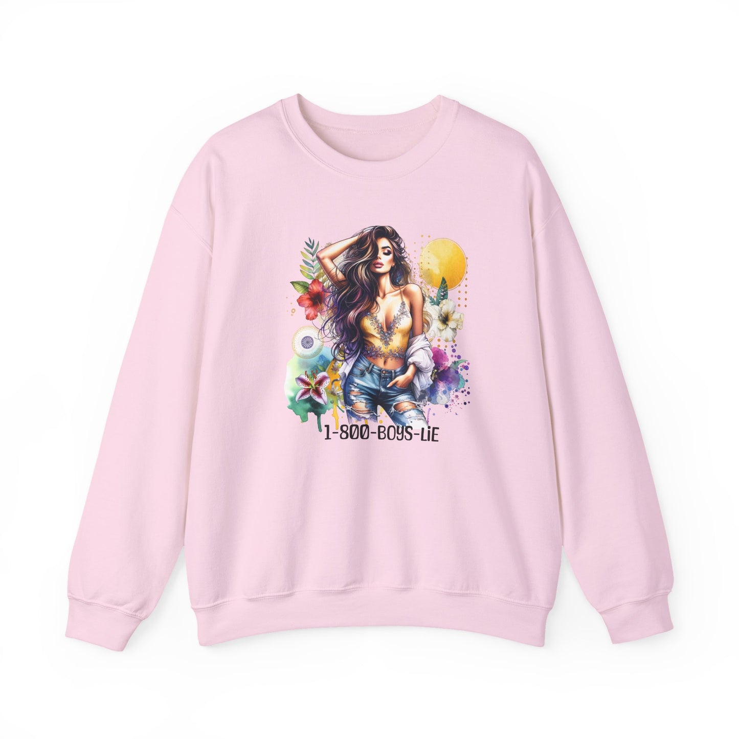 1-800-Boys-Lie Boho Chic Crewneck Sweatshirt with Floral Design, Unisex Gift, Self-Love Apparel, Cozy Casual Wear, Perfect for Relaxation