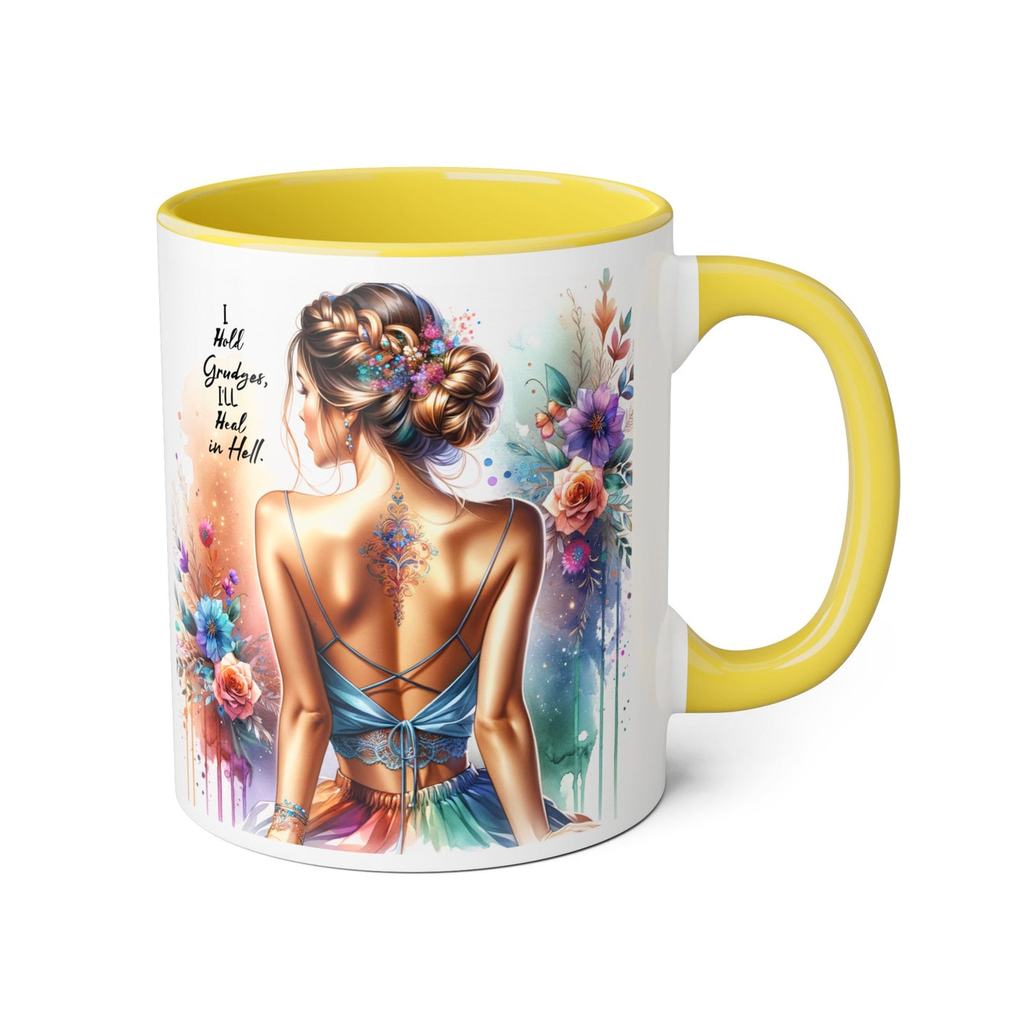 I Hold Grudges, I'll Heal in Hell Artistic Accent Mugs for Creative Souls, Unique Gift for Artists, Inspirational Coffee Cup, Floral Design Mug, Great for Birthdays, Holidays