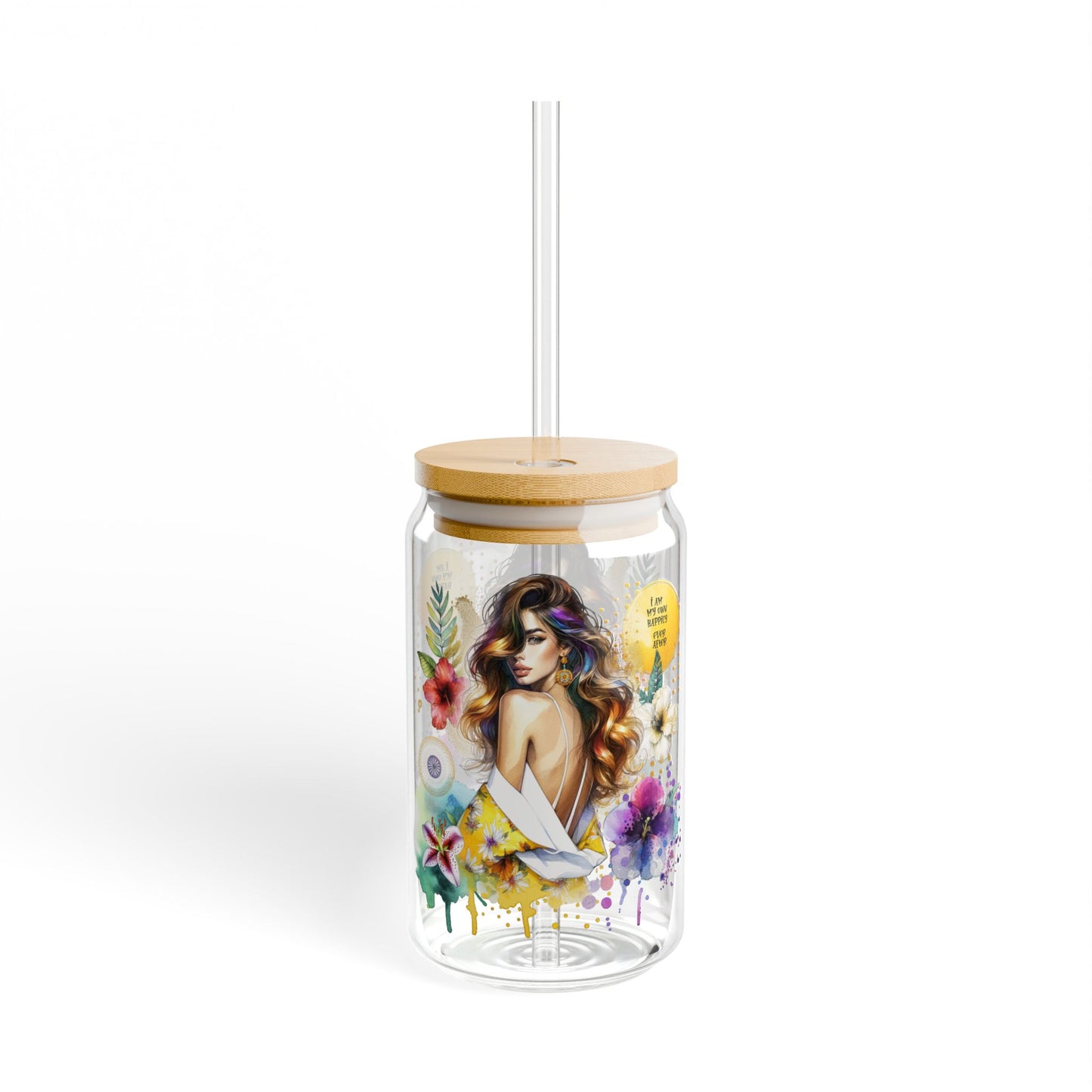 I Am My Own Happily Ever After Floral Sipper Glass, 16oz – Eco-Friendly Drinkware, Perfect for Summer, Garden Parties, Gifts for Her, Sustainable Style