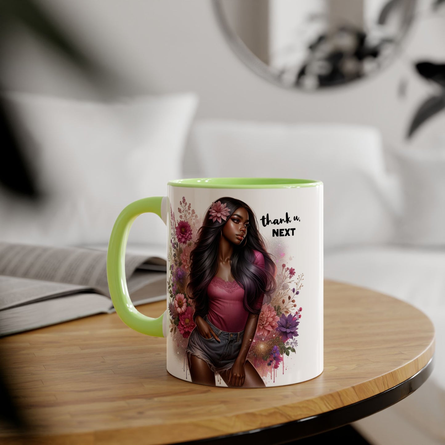 Thank U, Next Floral Artistic Accent Mug, Thank You Next Coffee Cup, Colorful Gift for Her, Boho Style Ceramic Mug, Unique Tea Mug